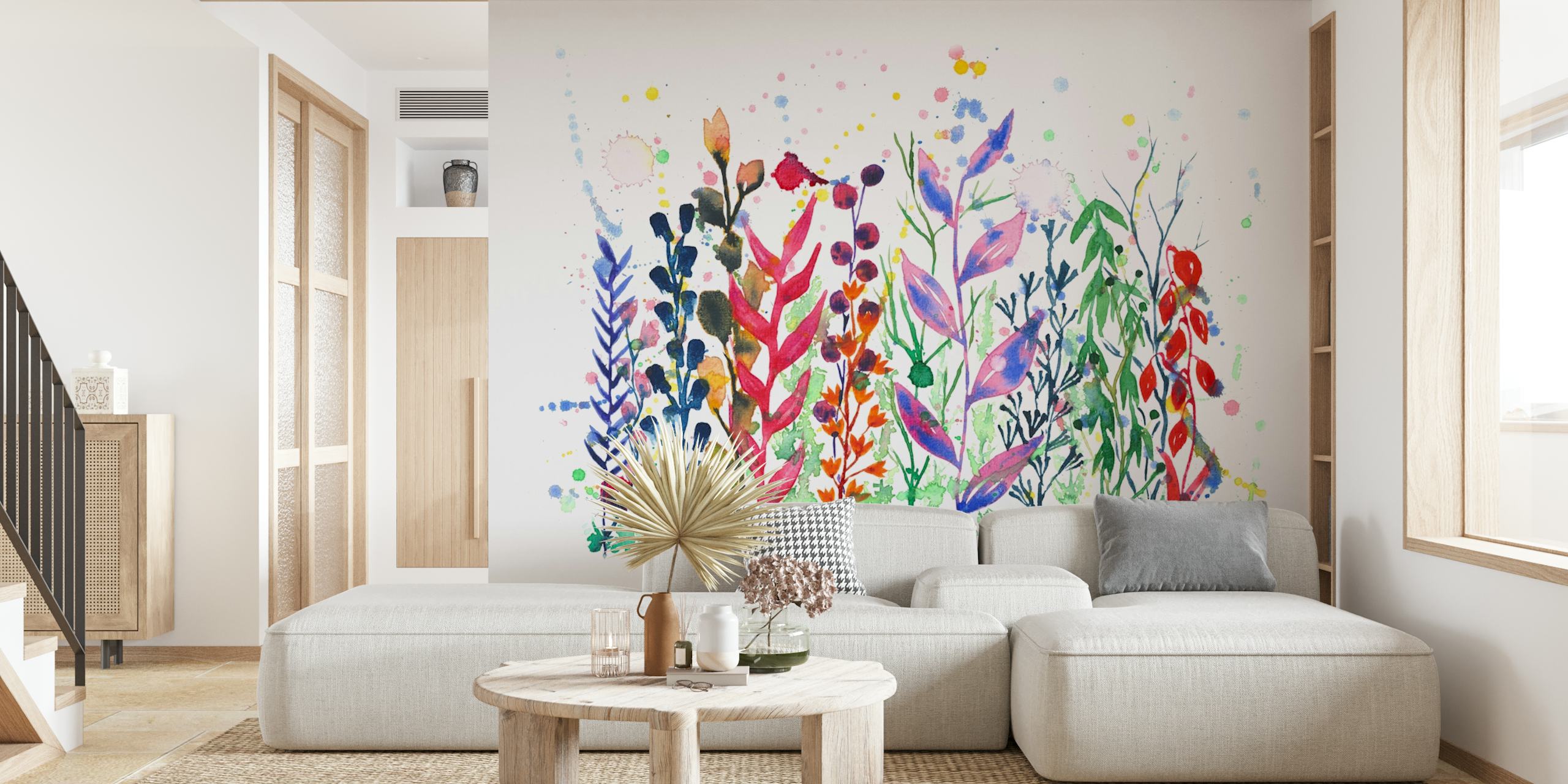Colorful watercolor garden wallpaper in a room