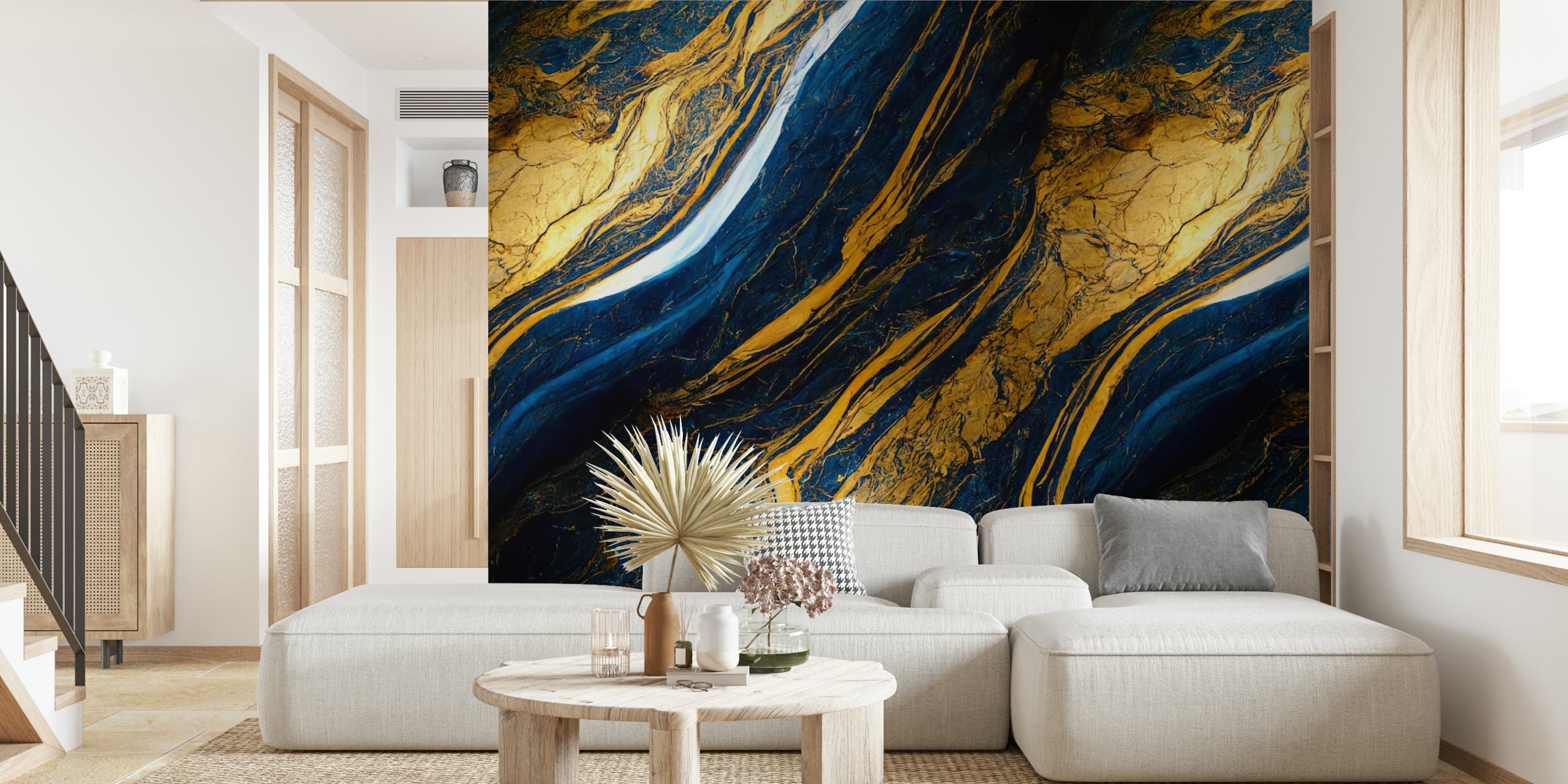 Abstract liquid blue and gold swirls wallpaper