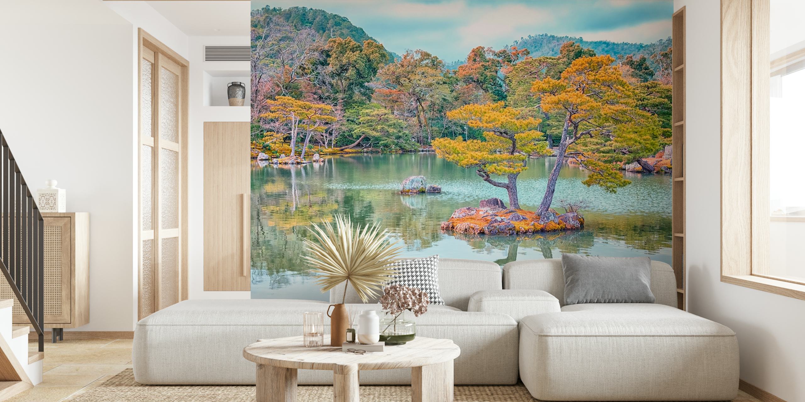 Japanese garden scene with island trees and calm water wallpaper