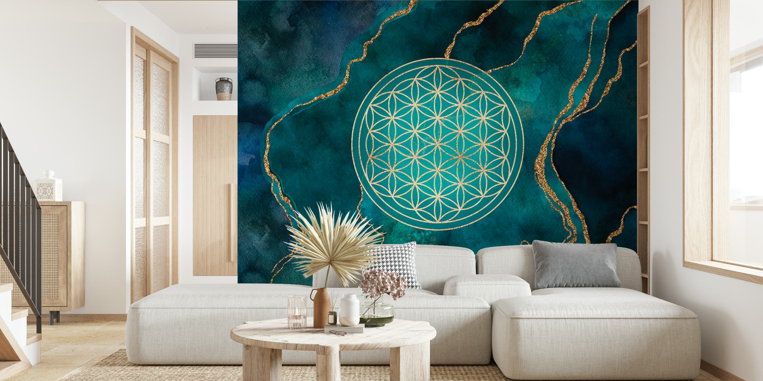 Flower Of Life Teal Marble ταπετσαρία σε ένα δωμάτιο