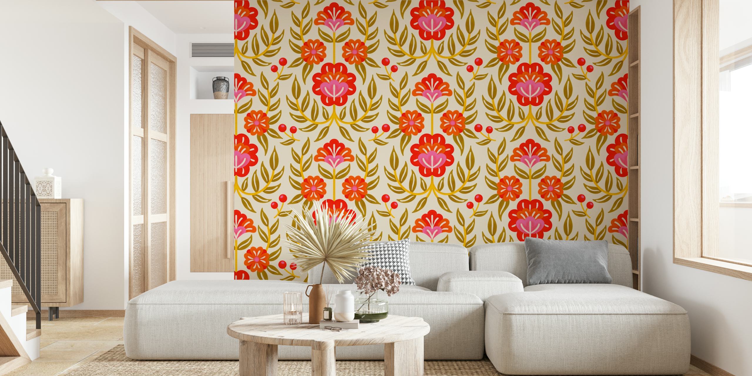 Retro Floral Pattern wall mural with red flowers and golden foliage on a beige background