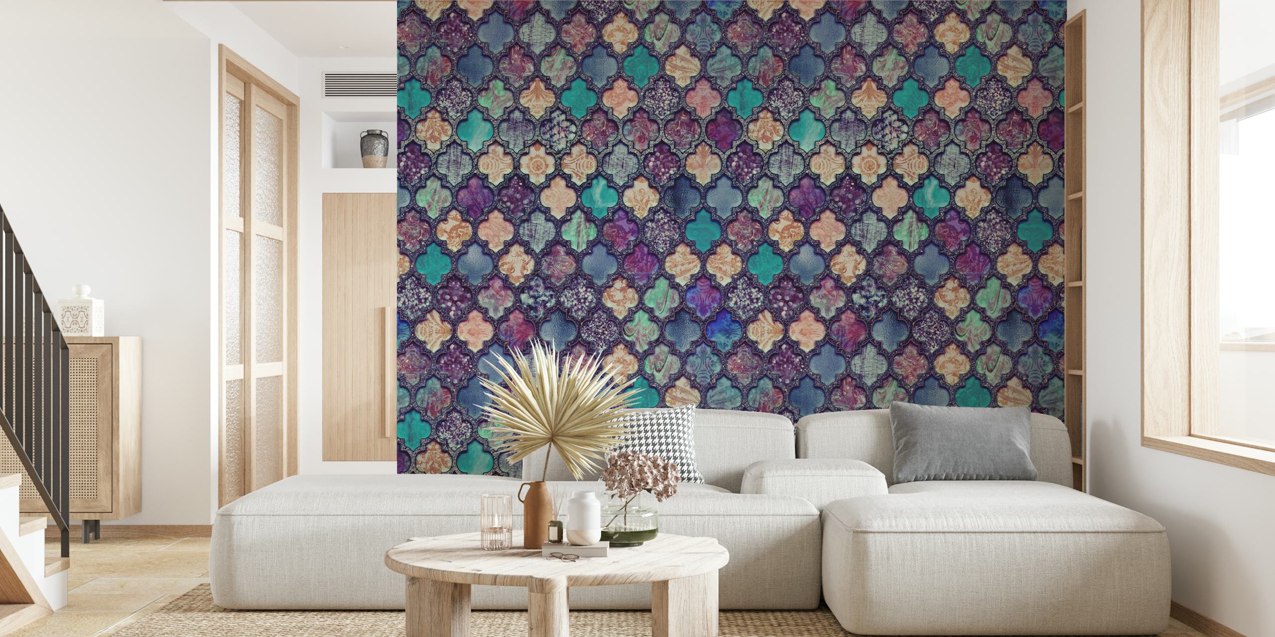 Moroccan Tiles Teal Purple wallpaper in a room