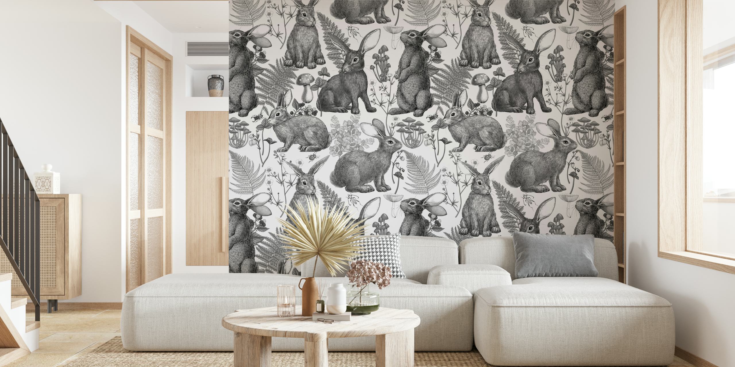 Rabbits among woodland flora including mushrooms and ferns, black and white wallpaper