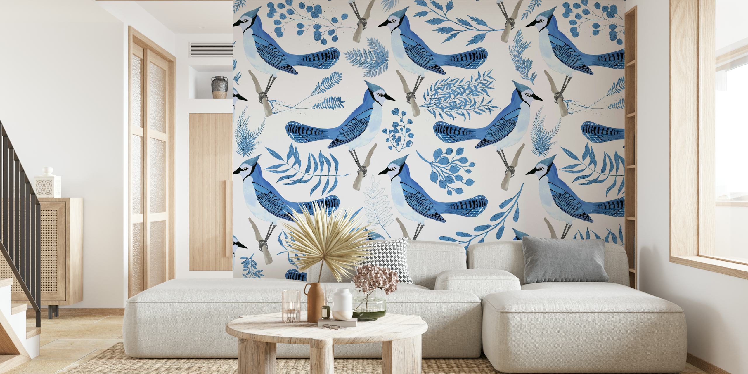 Blue Jay birds and foliage pattern in blue on white wallpaper
