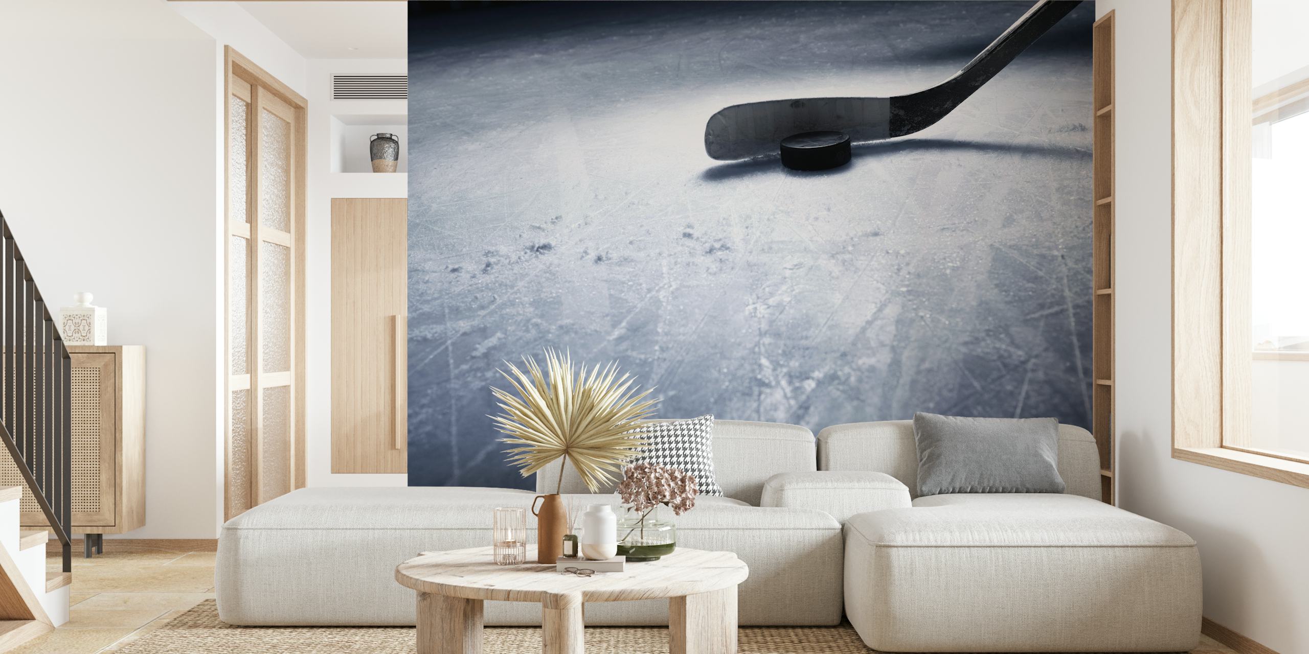 Hockey stick and puck on icy surface wallpaper
