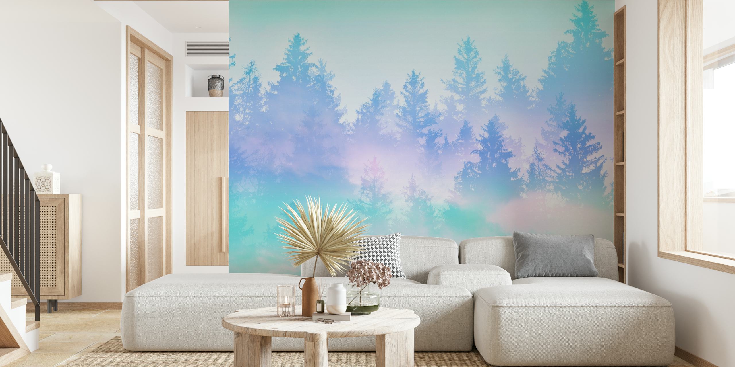 Pastel forest wallpaper with misty trees in soft shades