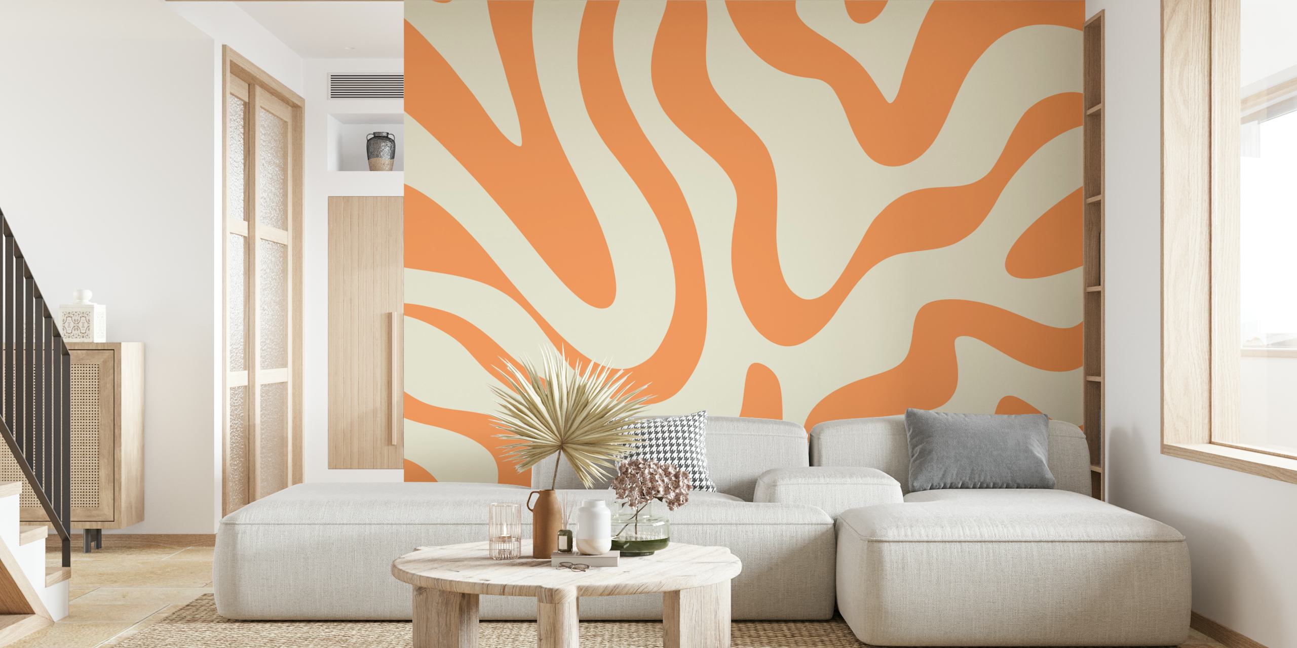 Orange swirling patterns on cream background retro wallpaper