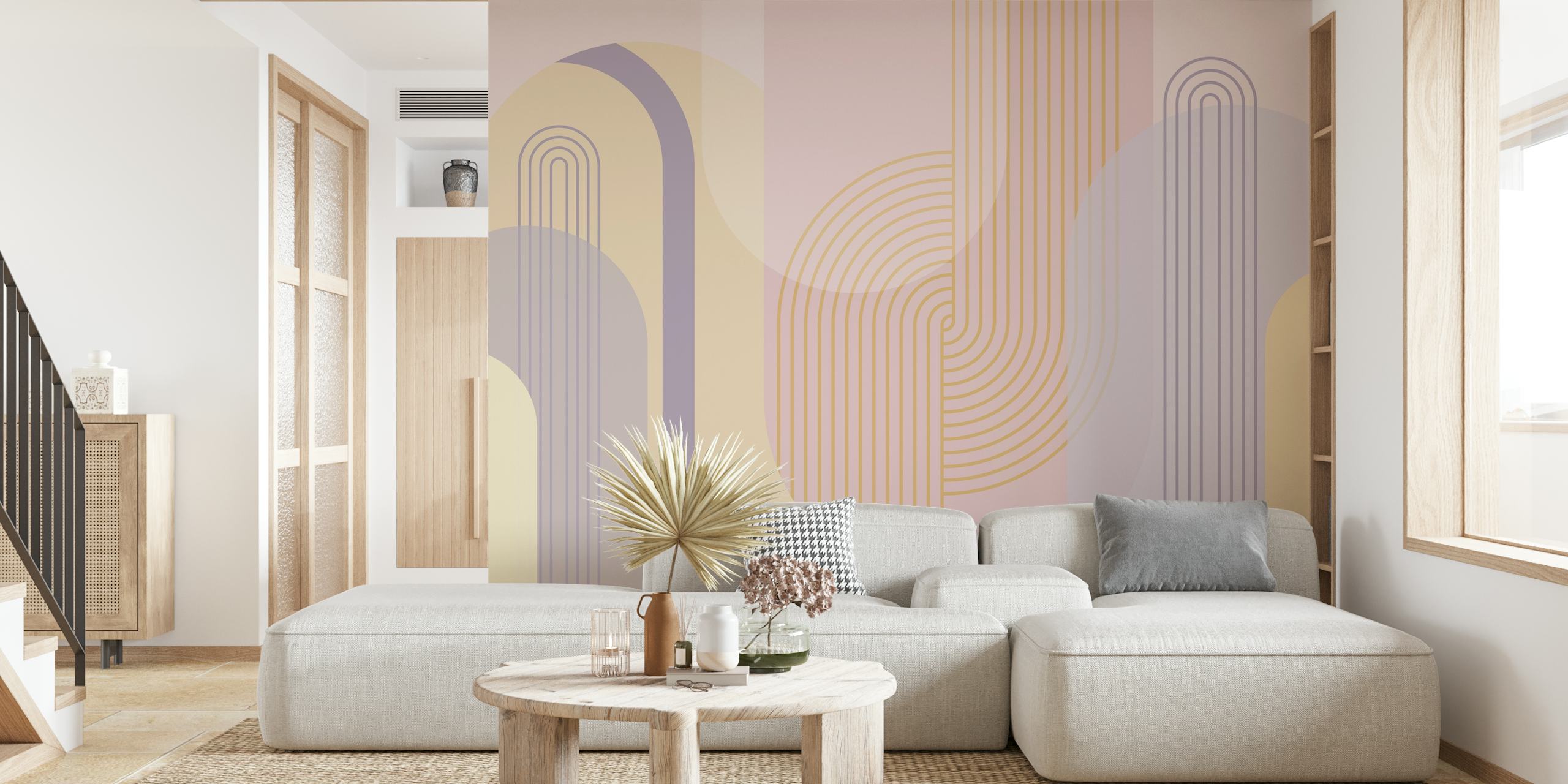 Abstract arches wall mural in pastel tones of blush, taupe, and cream