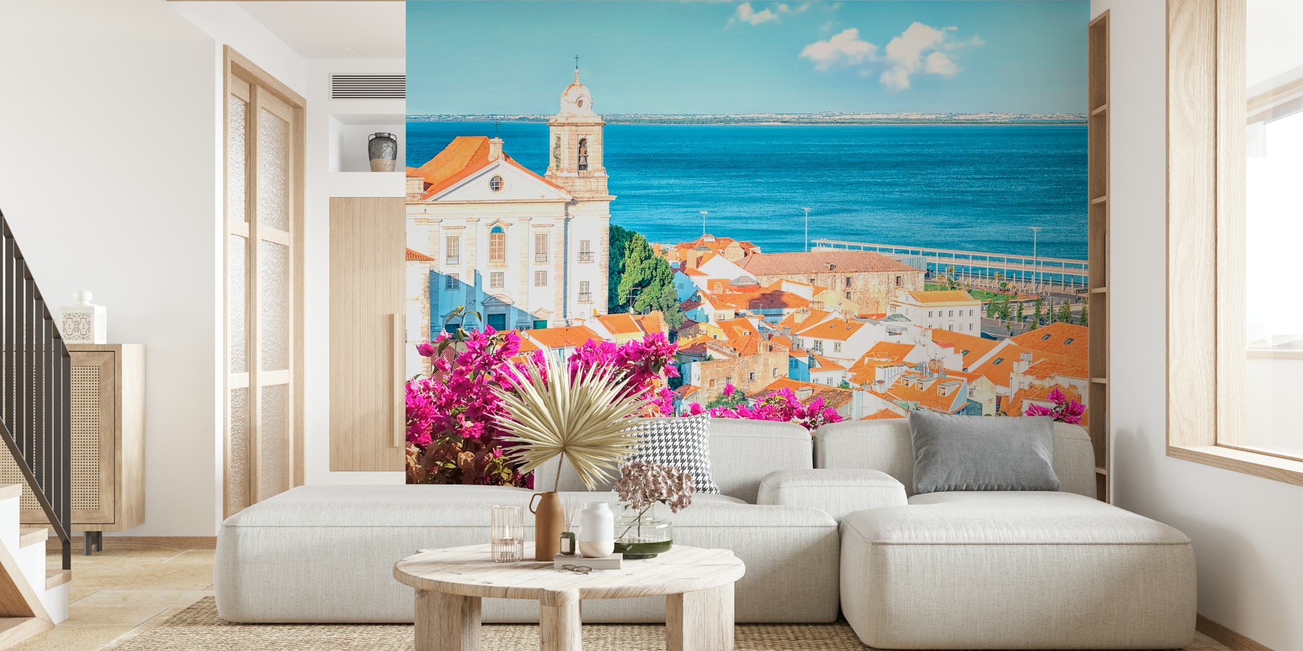 Terracotta roofs with vibrant flowers and blue ocean wallpaper