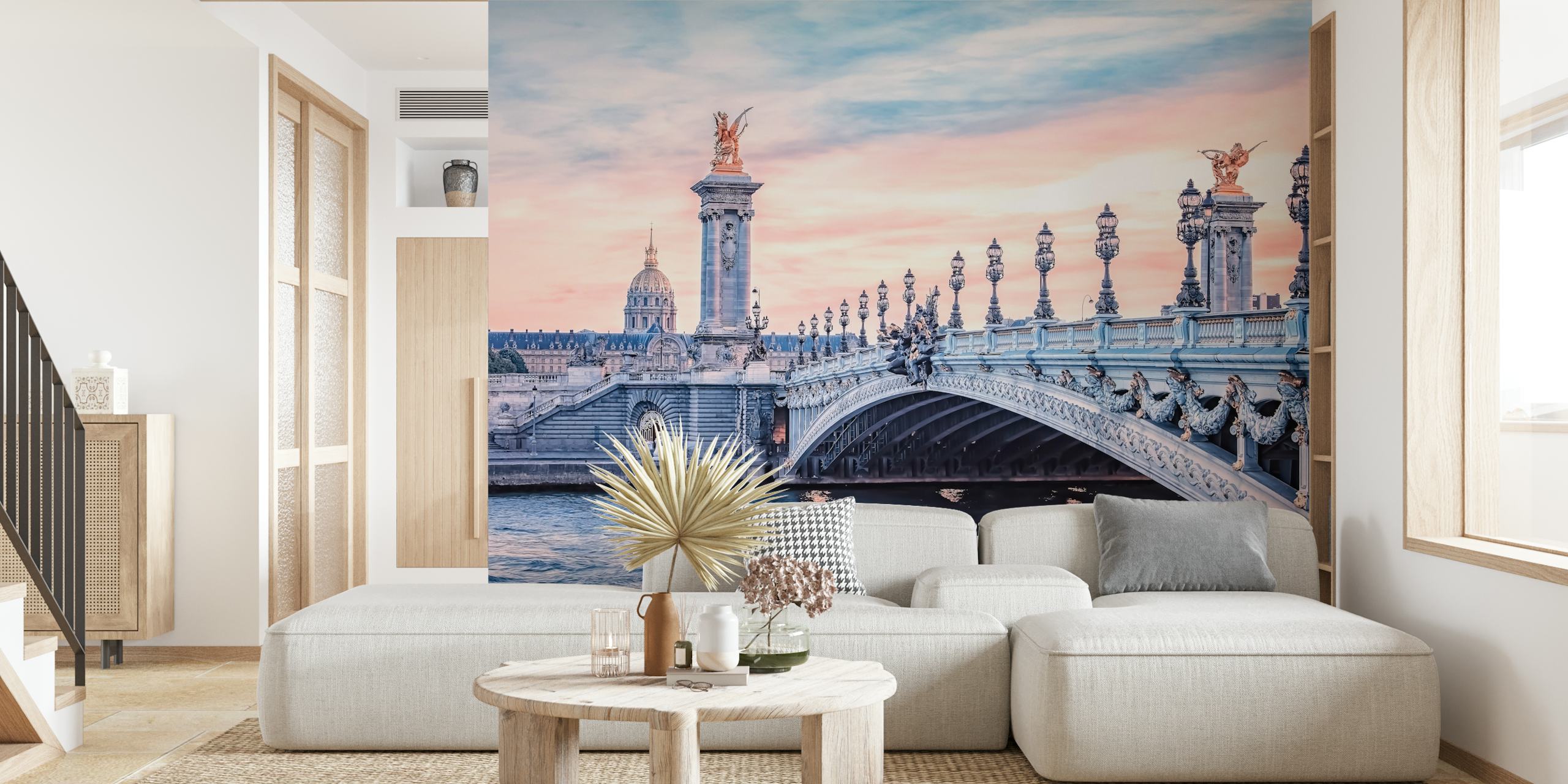 Scenic Parisian bridge with golden statues and blue sky wallpaper