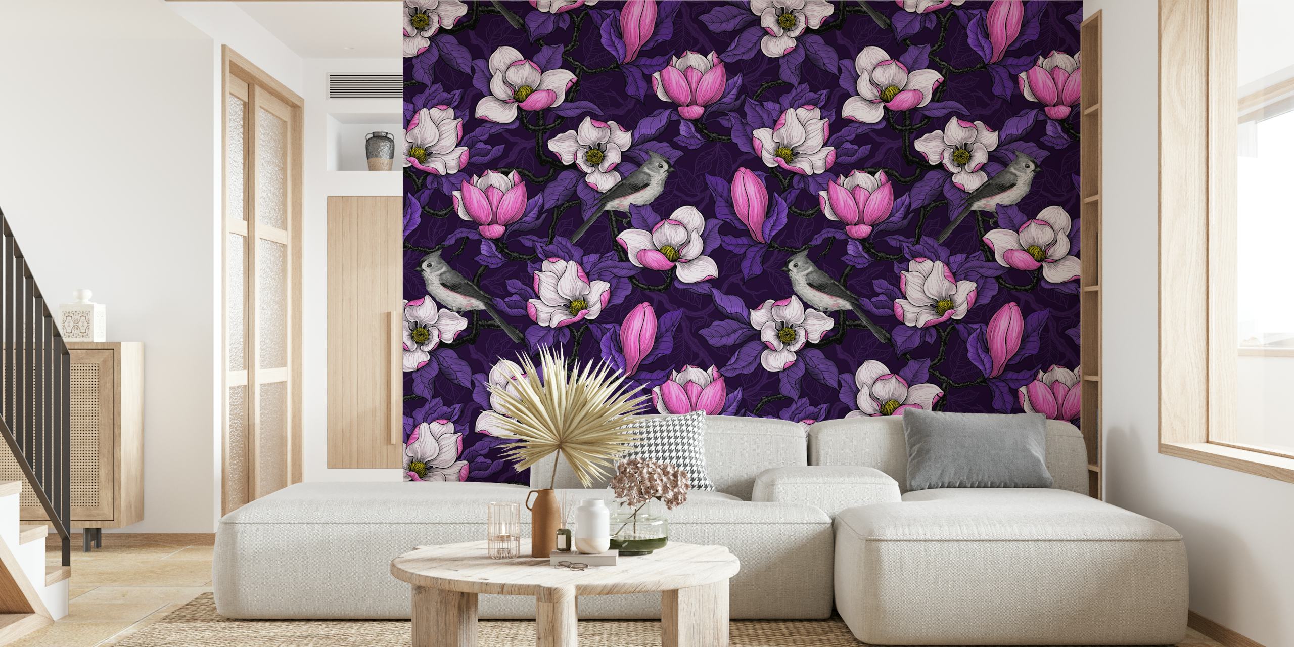 Blooming magnolia i ptak na ciemnej tapecie