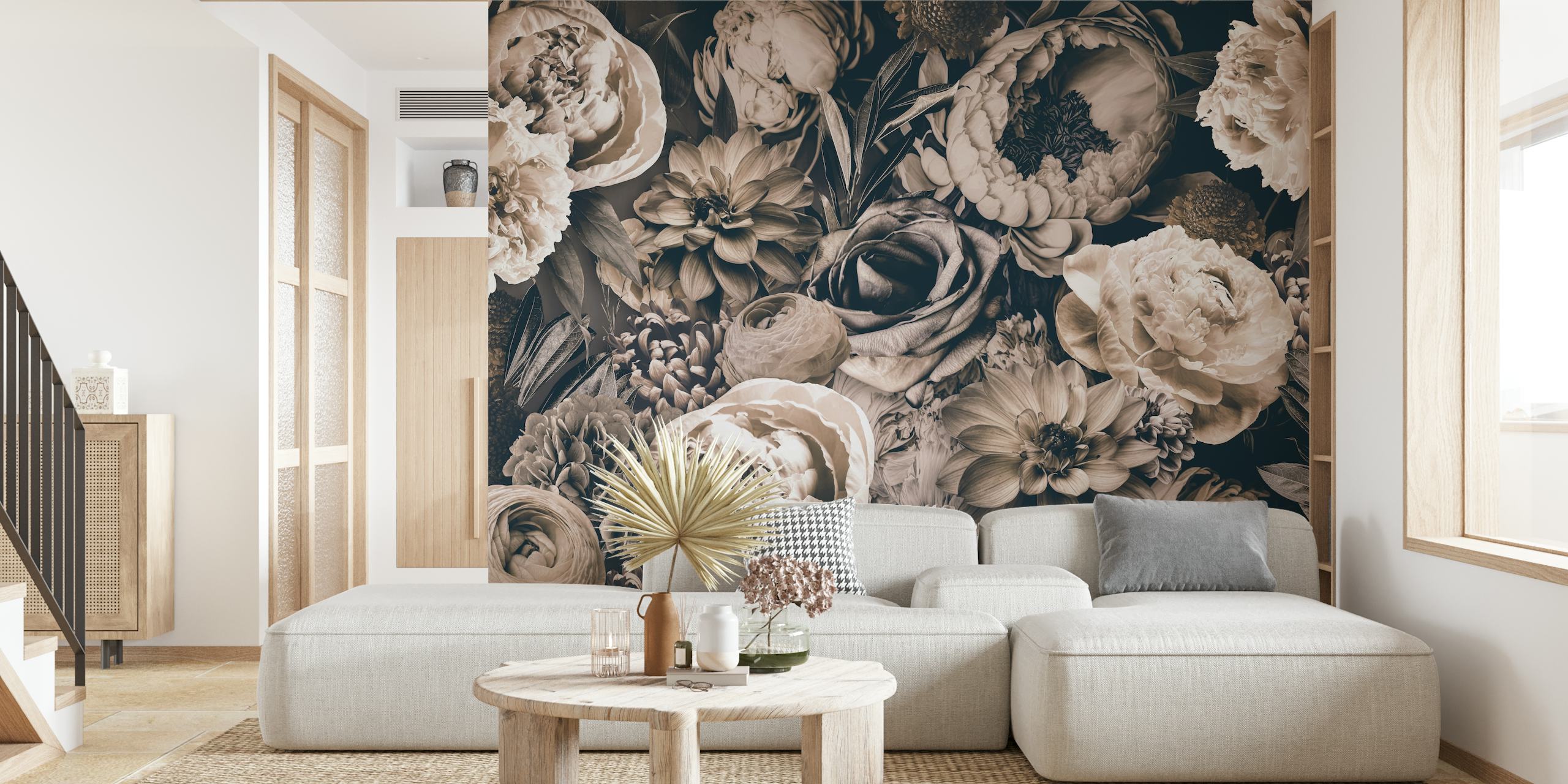 Floral wallpaper featuring detailed baroque style blooms in greige tones