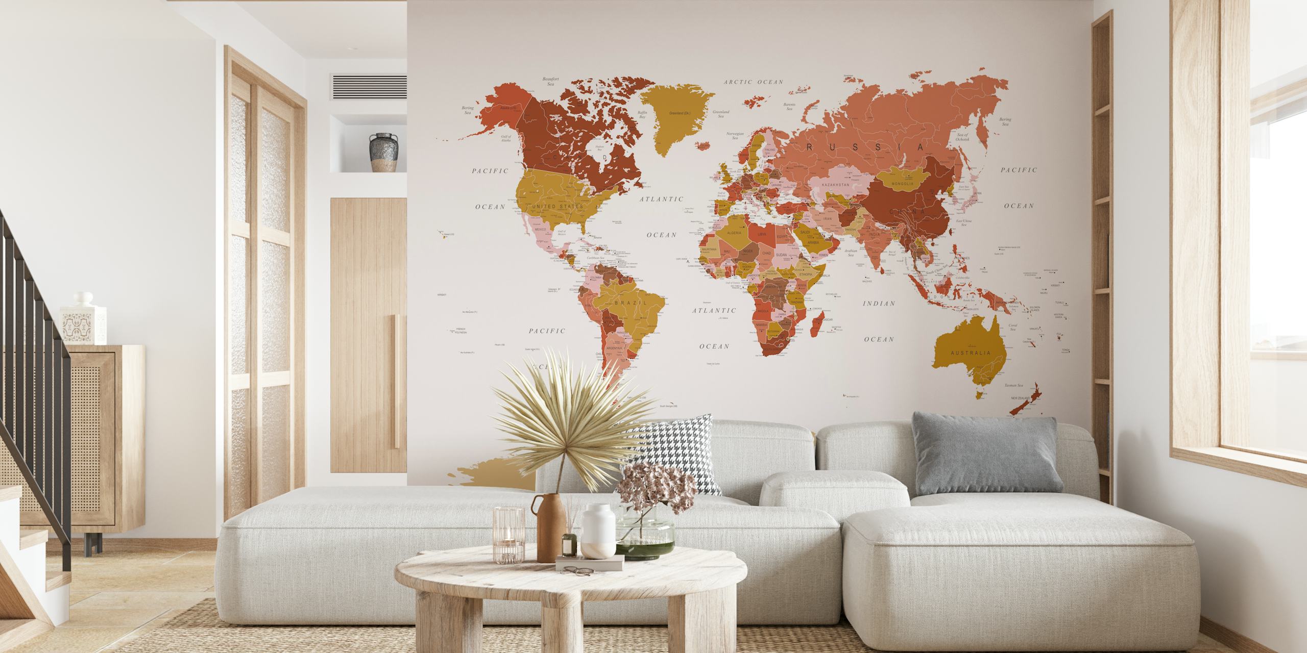 Papel pintado World Map Mustard Pink en una habitación