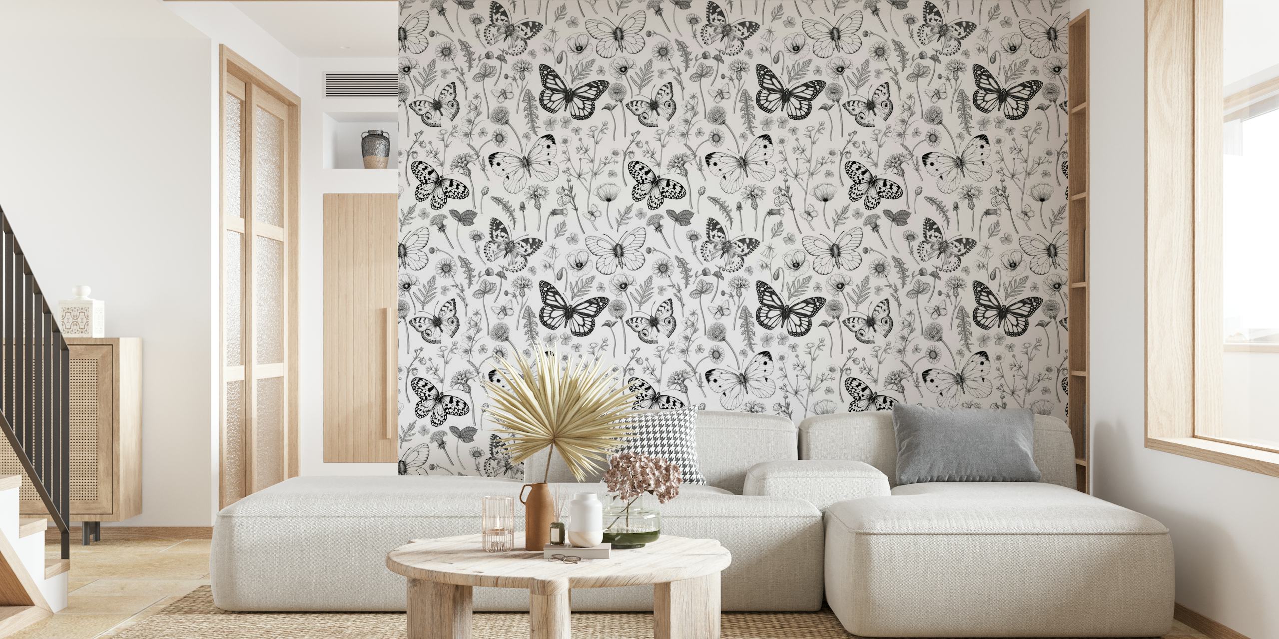 Black and white pattern of wild flowers and butterflies for wall mural