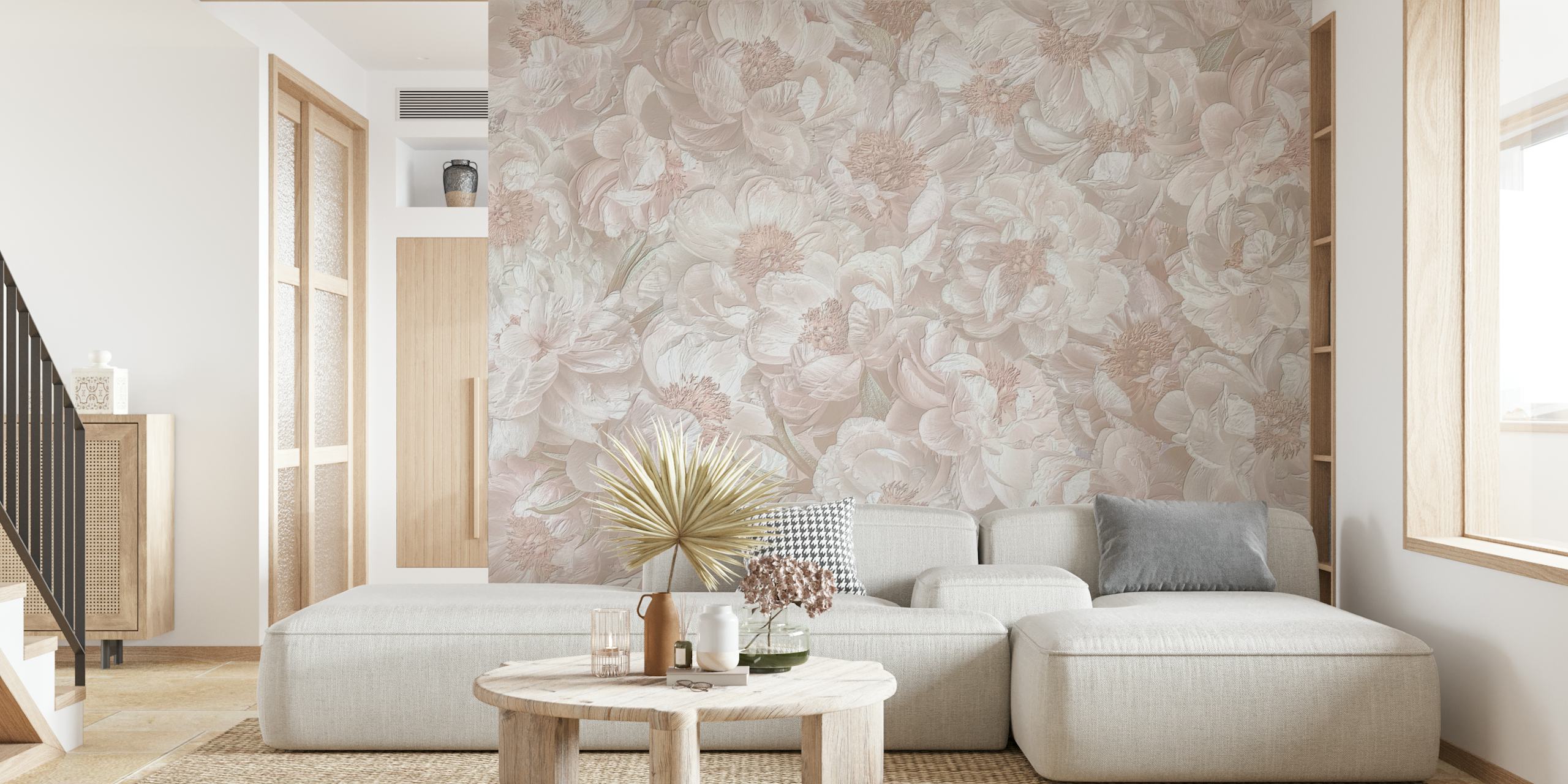 Large white floral pattern on soft pink background wallpaper