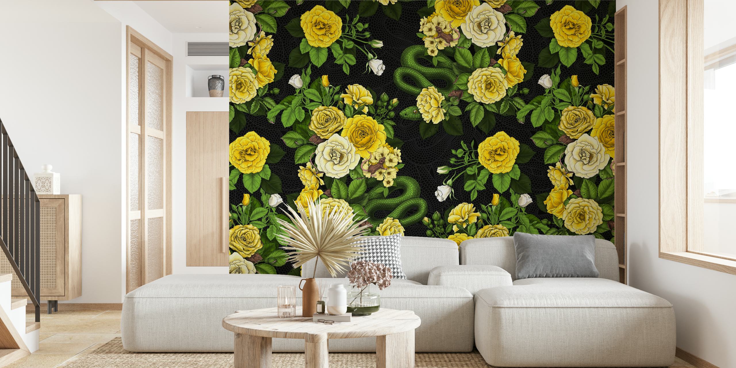 Floral wallpaper featuring yellow roses