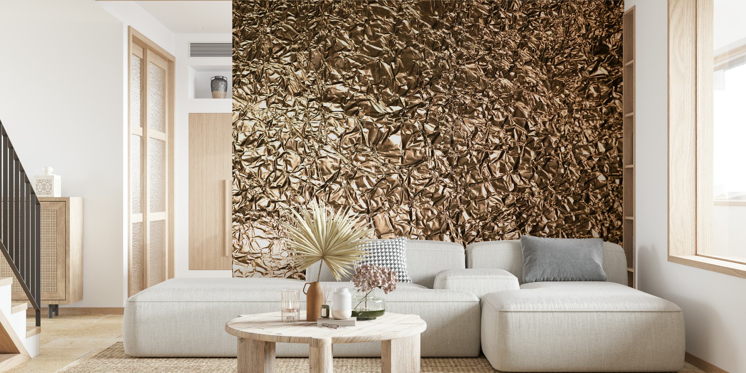 Textured gold foil wallpaper with a crinkled pattern.