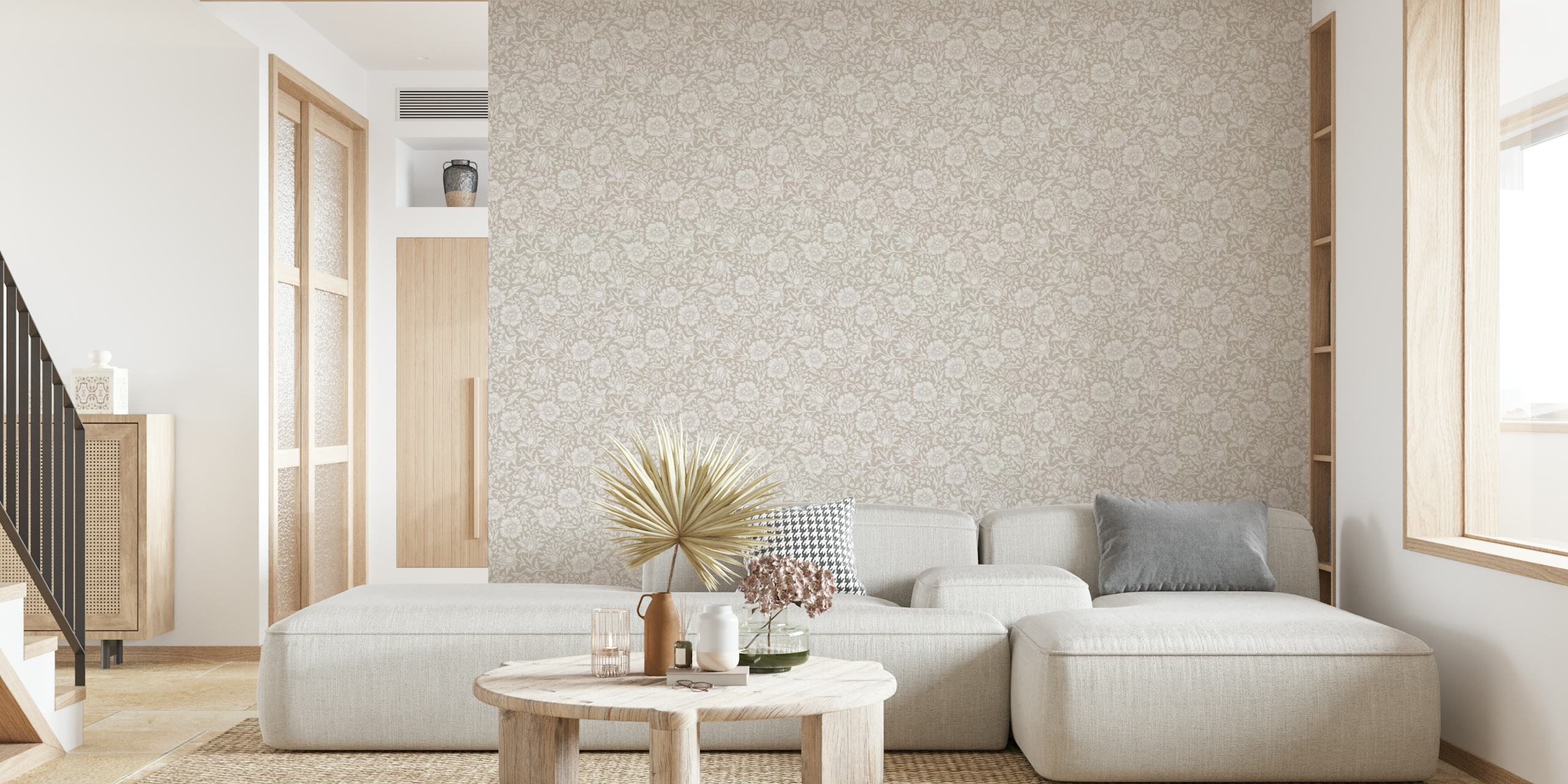 Neutral peonies foliage beige wallpaper in a room