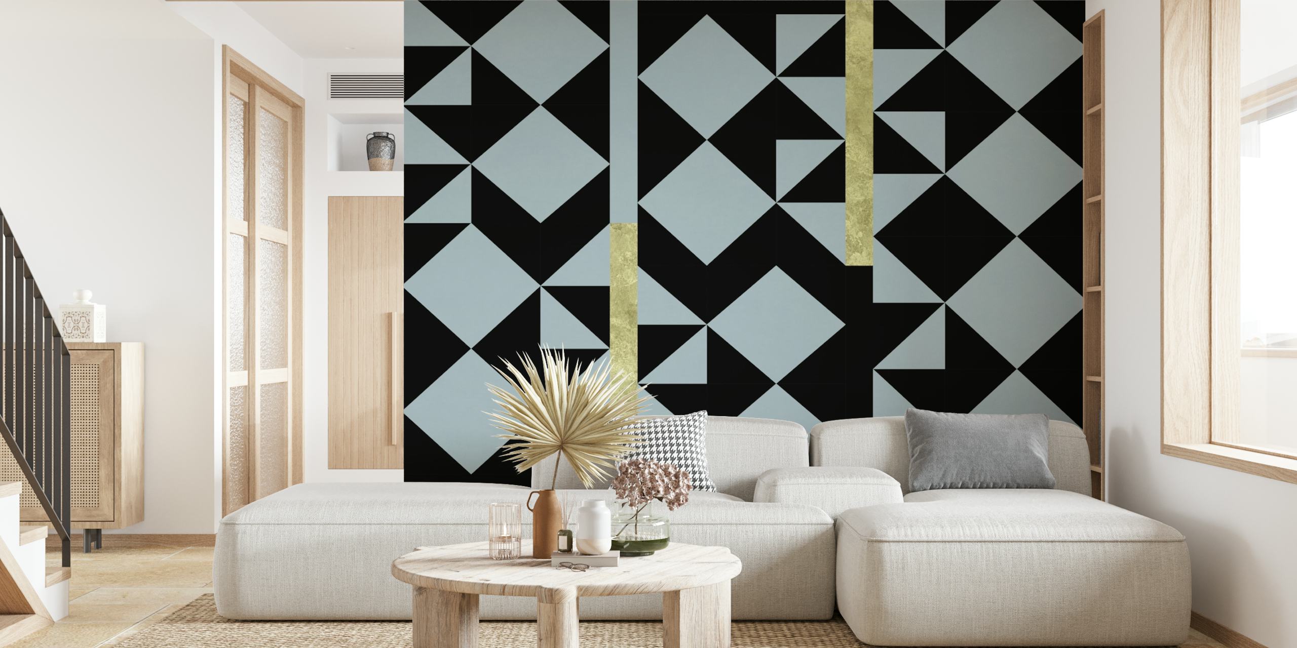 Geometric blue diamond pattern with gold accents on black wallpaper