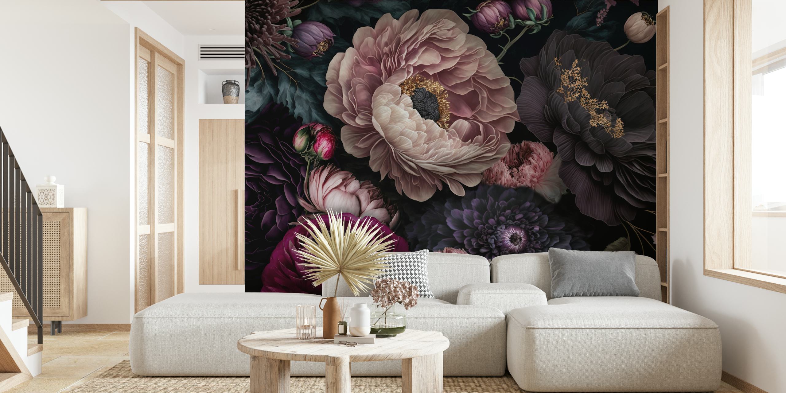 Carta da parati floreale lunatica con ricchi toni scuri ed eleganti peonie e rose