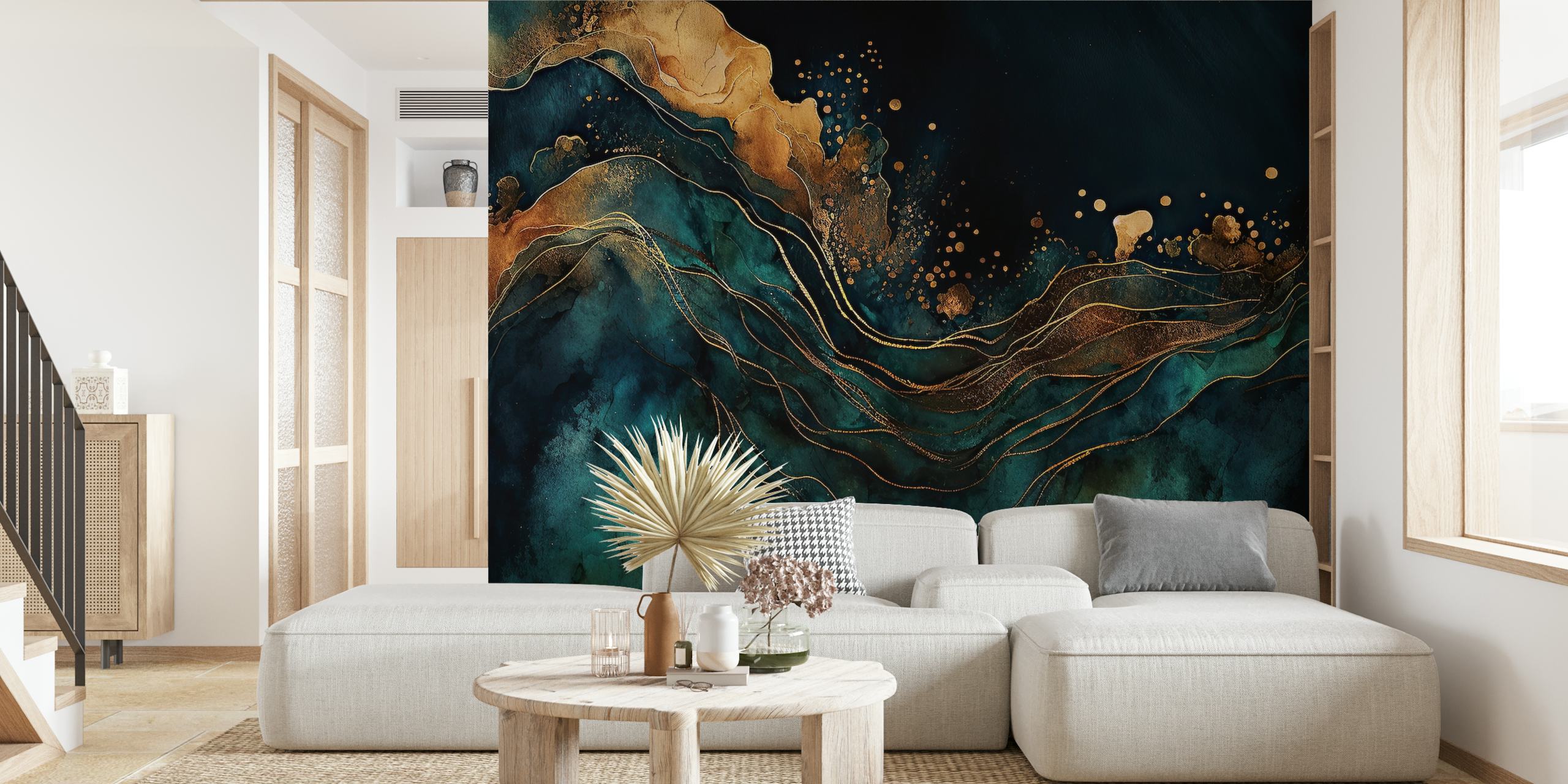 Teal and gold abstract ocean waves wallpaper