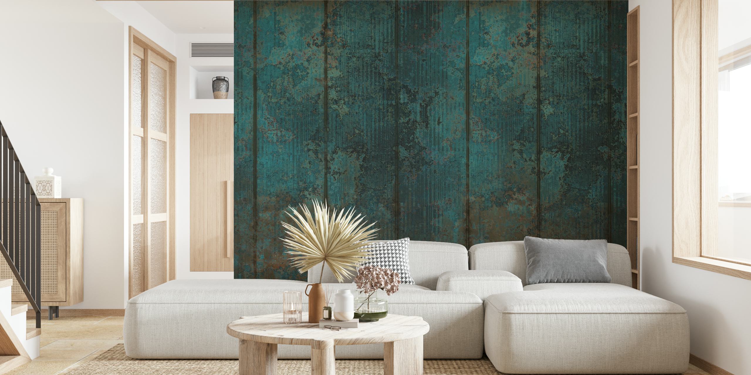 Distressed metal panels in turquoise and rust tones wallpaper