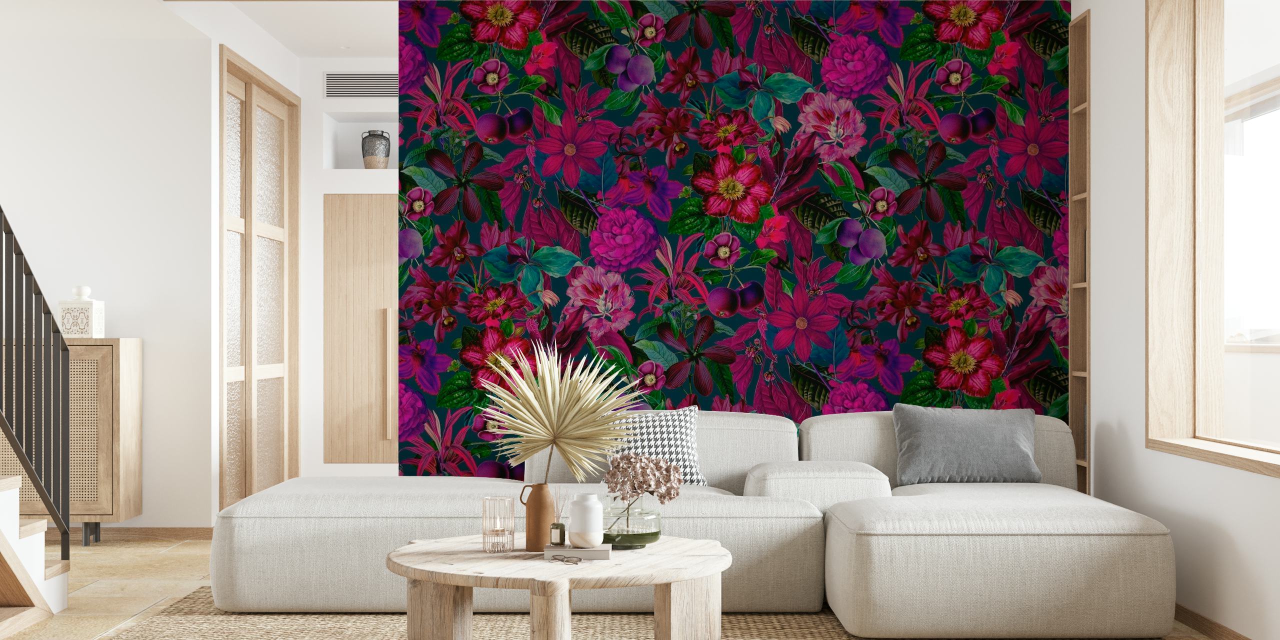Burgundy Pink Jungle Flowers wallpaper