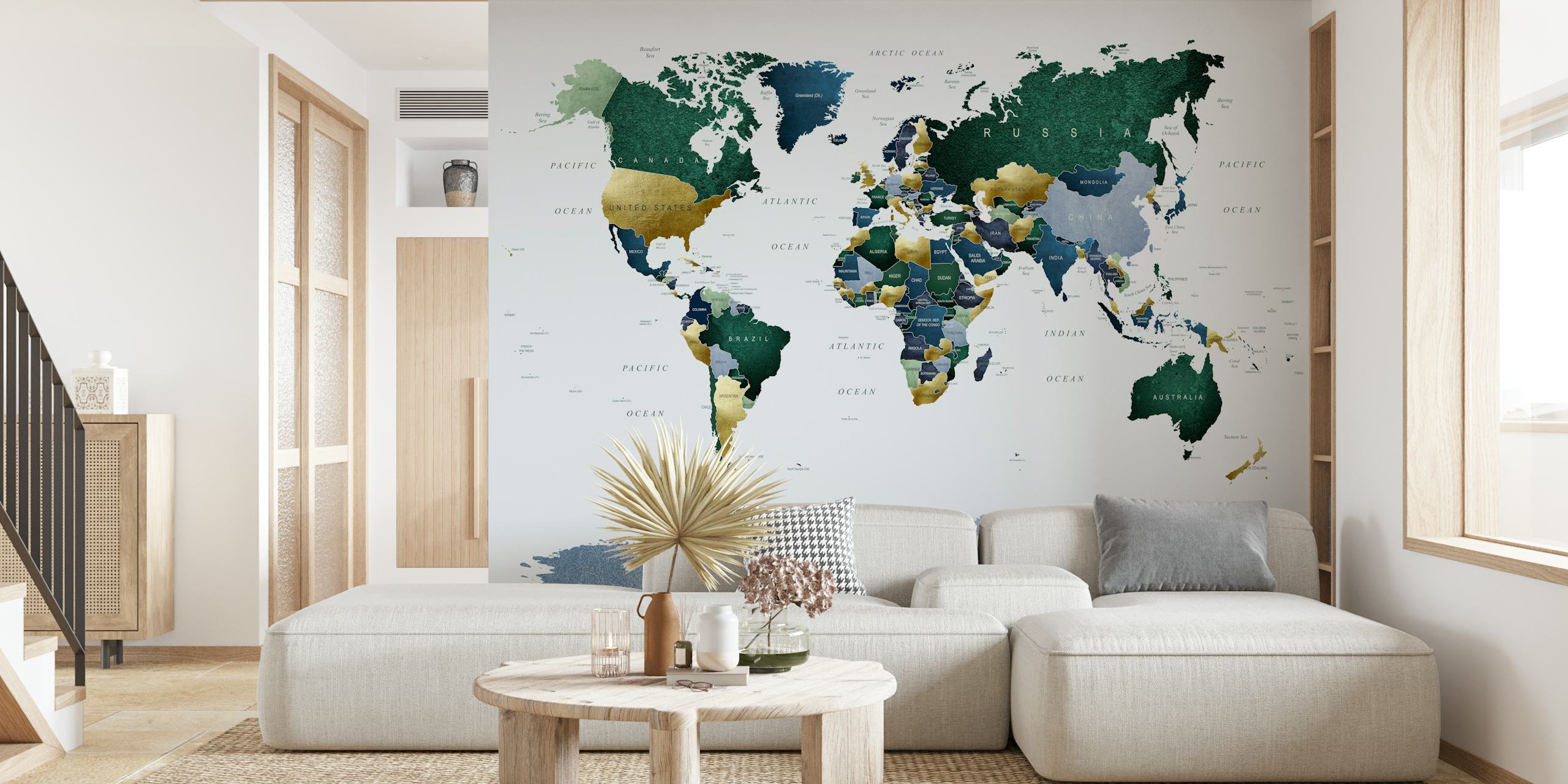 World map in blue and green tones wall mural