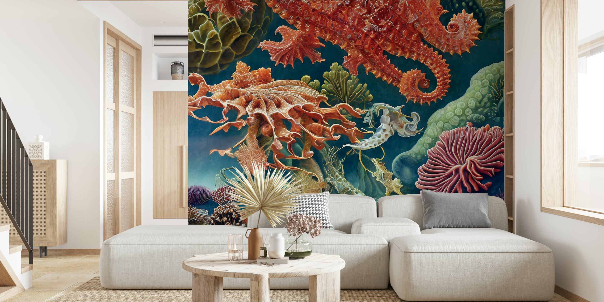 Coral reef with colorful sea creatures, underwater wallpaper