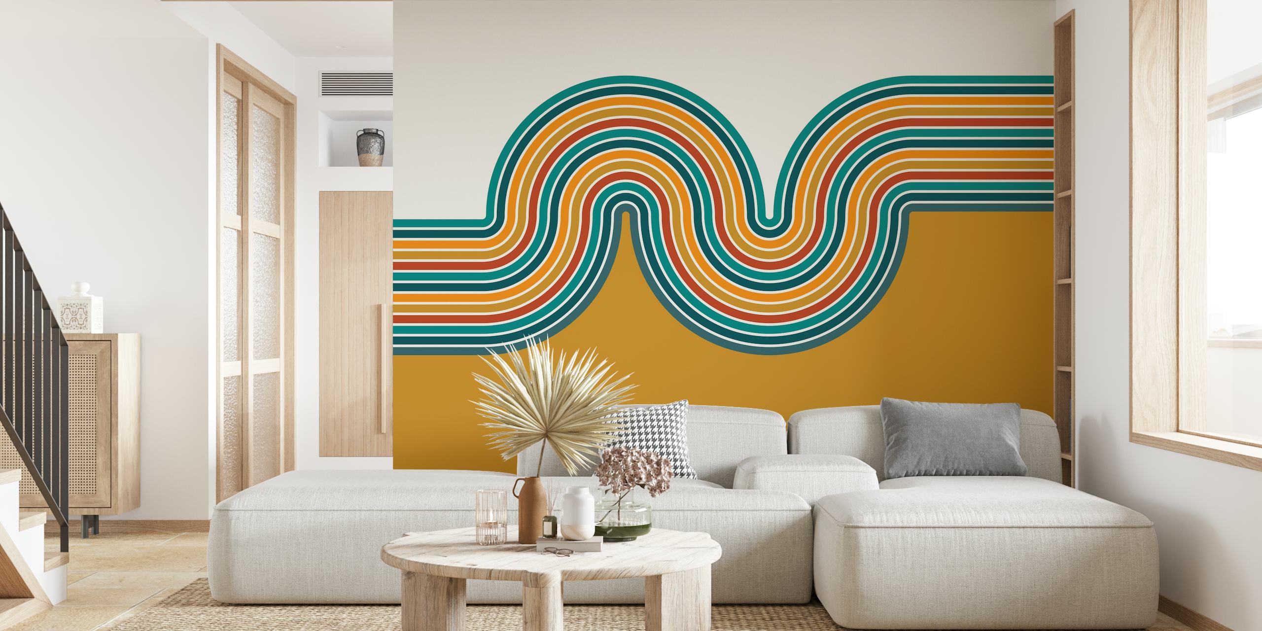 Retro-inspirierte Wandtapete mit Wellenlinien in leuchtenden Farben