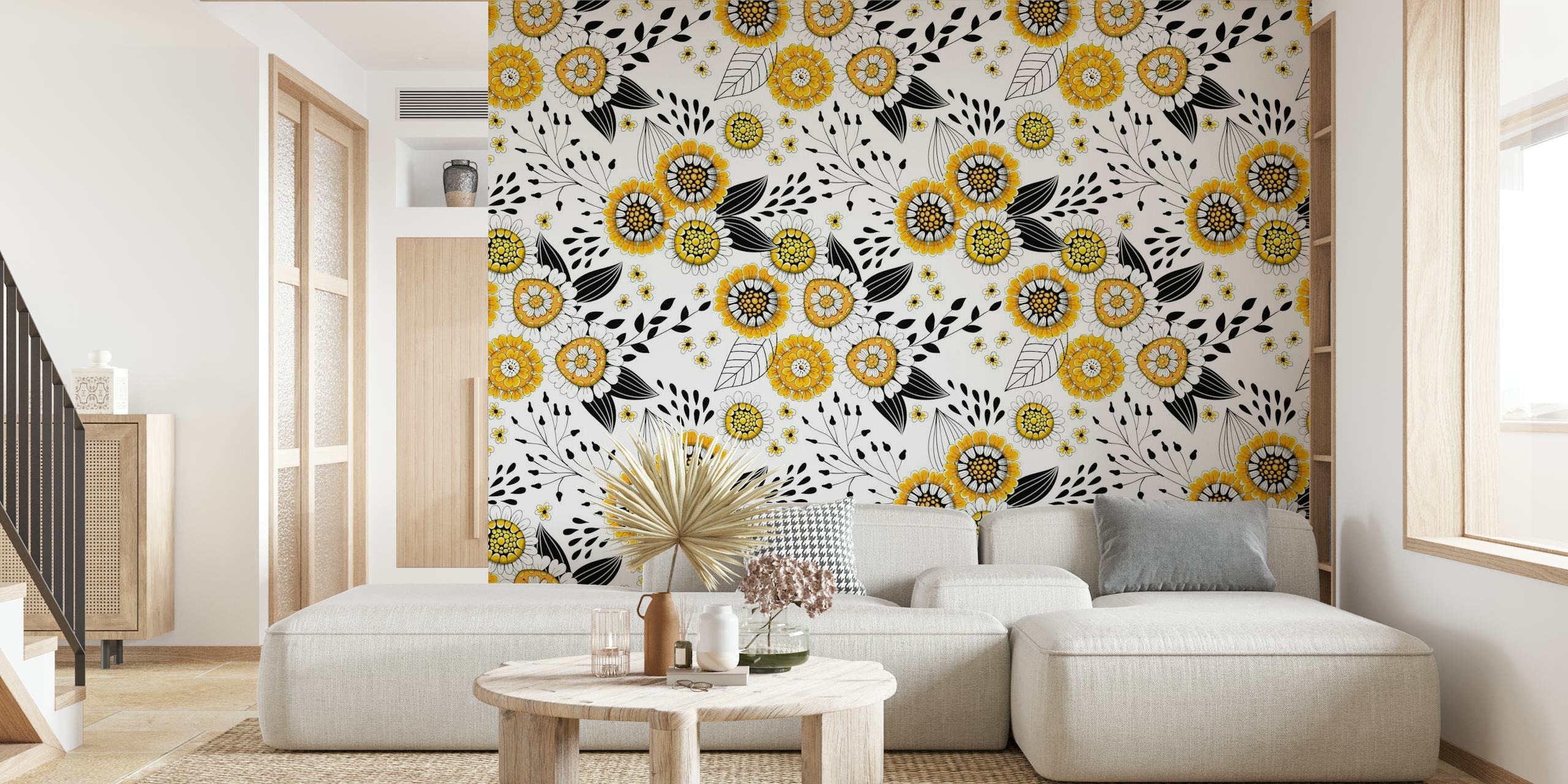 Fotomural vinílico de parede Doodle Flowers 7 com flores amarelas desenhadas à mão e detalhes pretos.