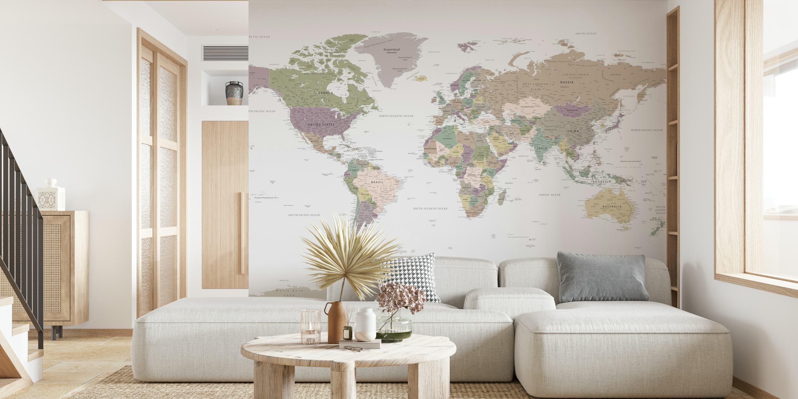 Vintage world map with muted colors and geographic details wallpaper
