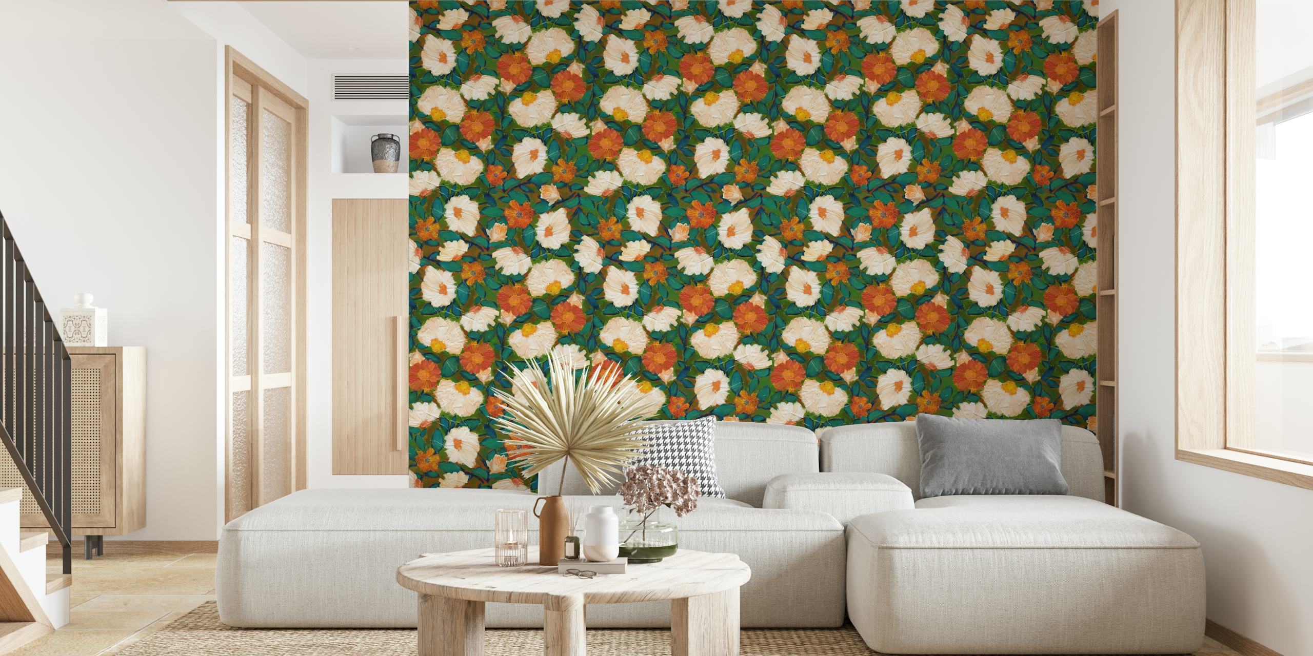 Fleurs orange chaudes avec des feuilles turquoise et vertes