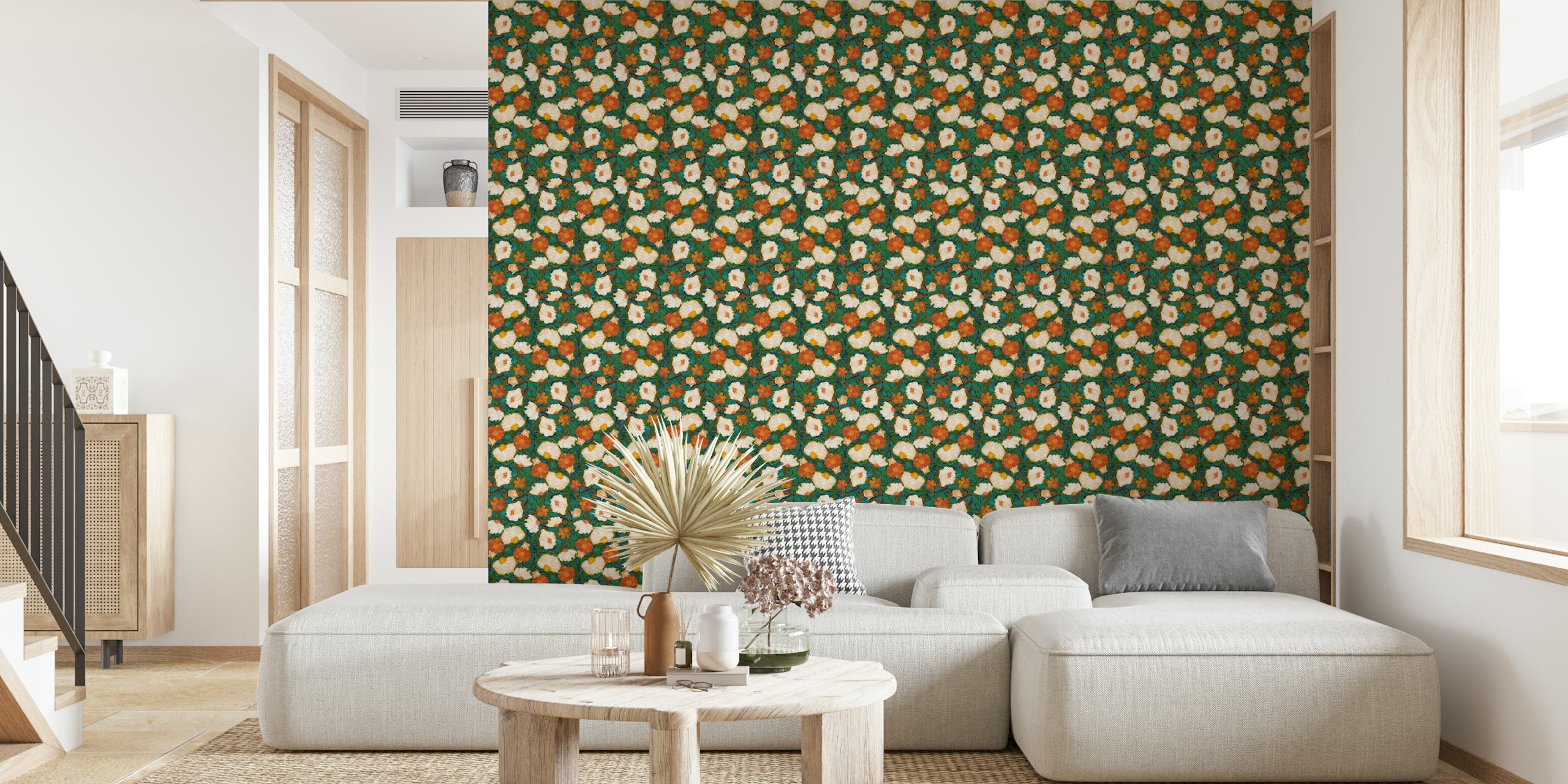 Floral wallpaper pattern in orange and teal