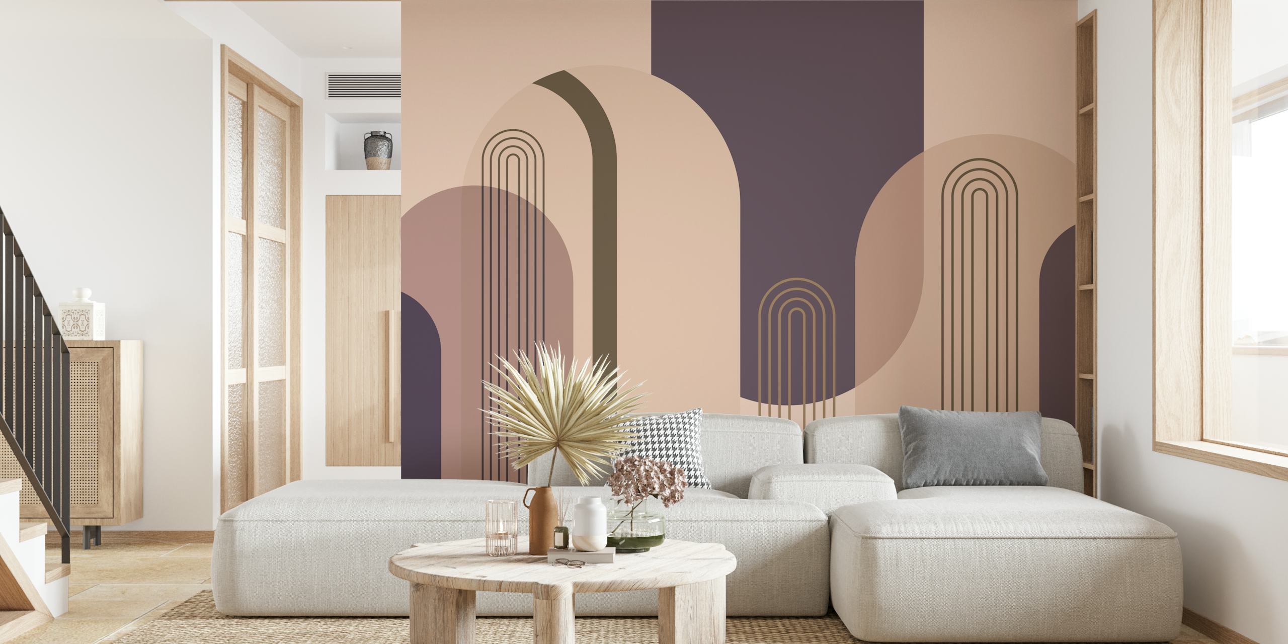 Mid Century Arches Aubergine Wall Mural with geometric shapes