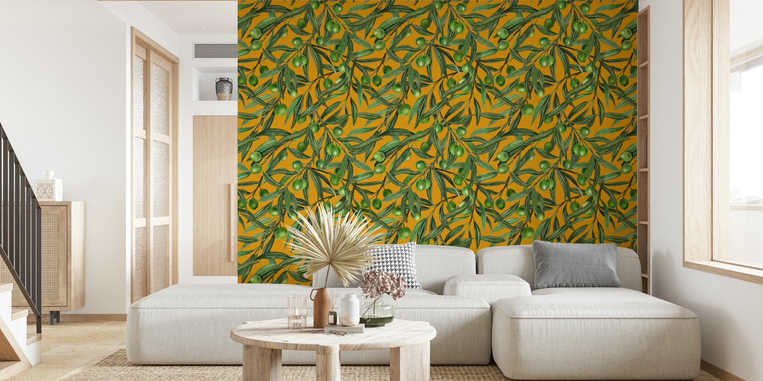 Olive branches with green olives on a mustard background wallpaper