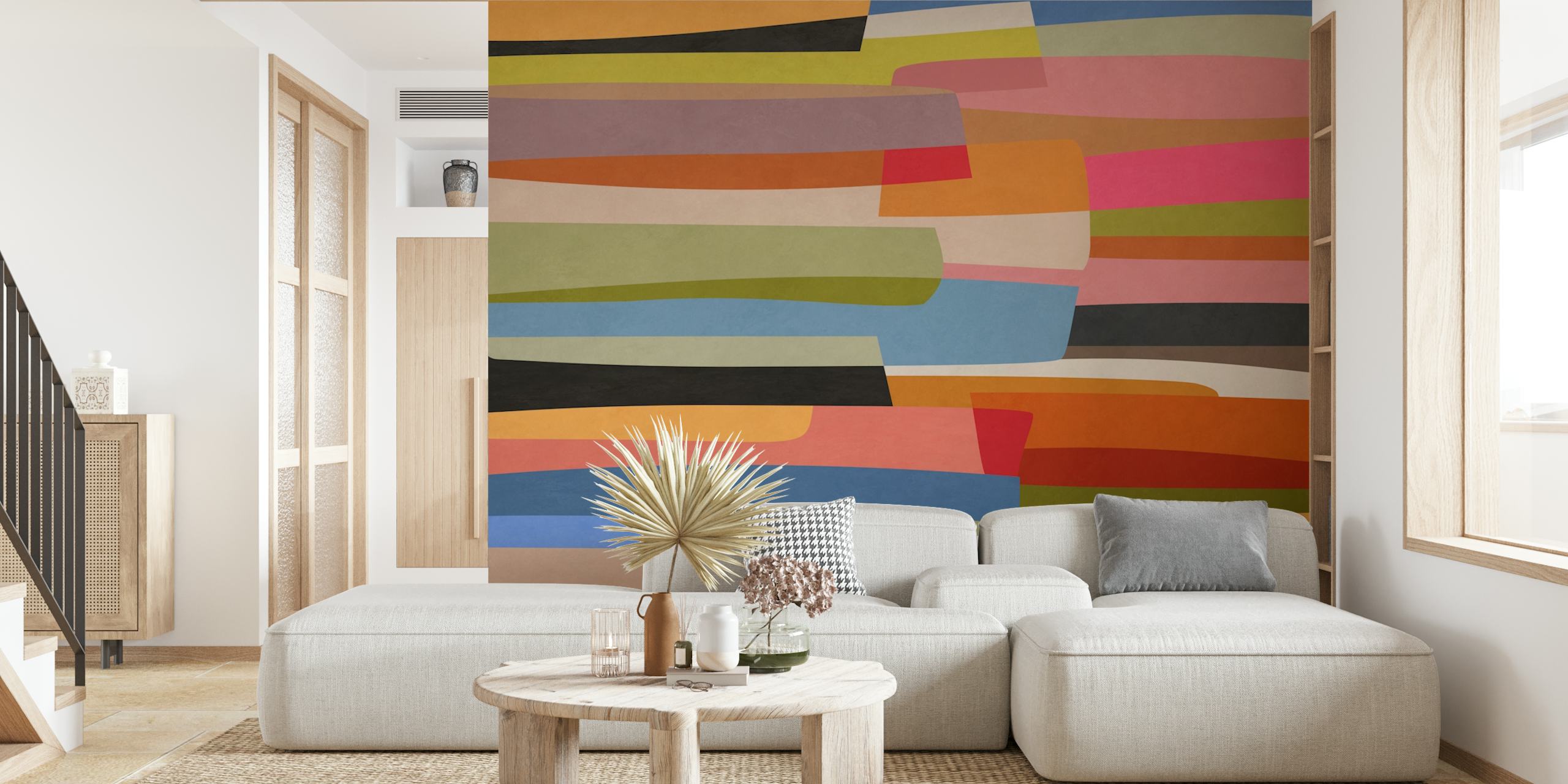 Colorful abstract shapes in blue, pink, and orange wallpaper