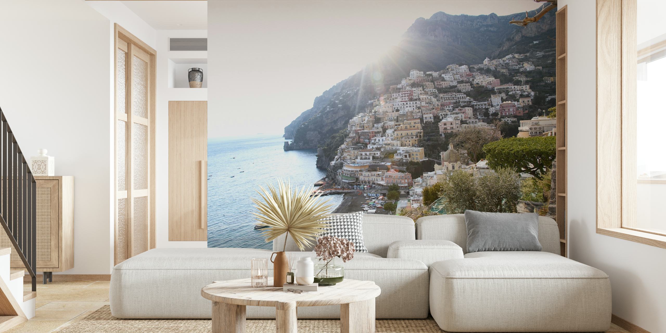 Veggmaleri i italiensk kystlandskap med Positano-klippeside og hav