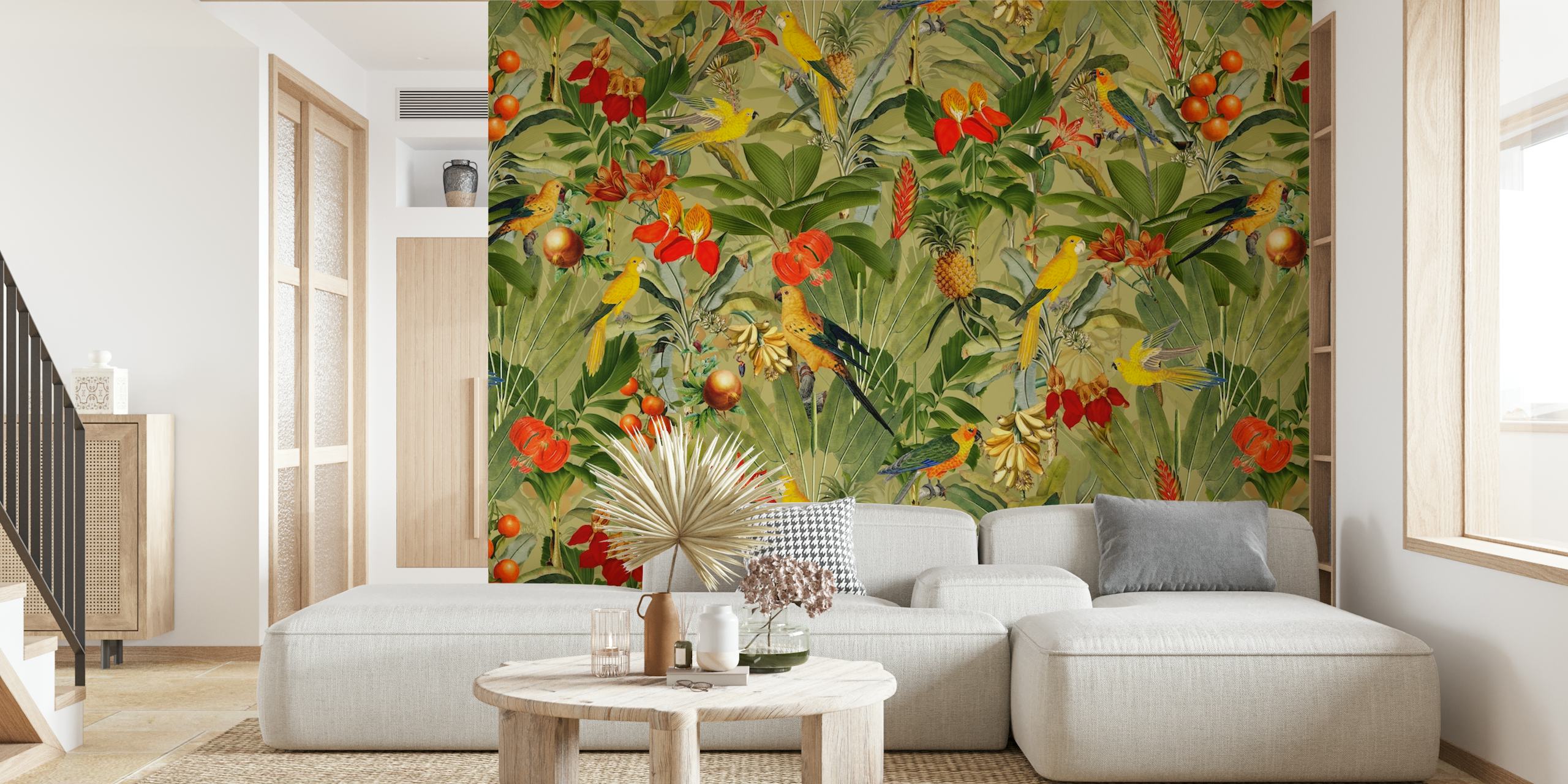 Colorful tropical birds and flowers in green foliage wallpaper