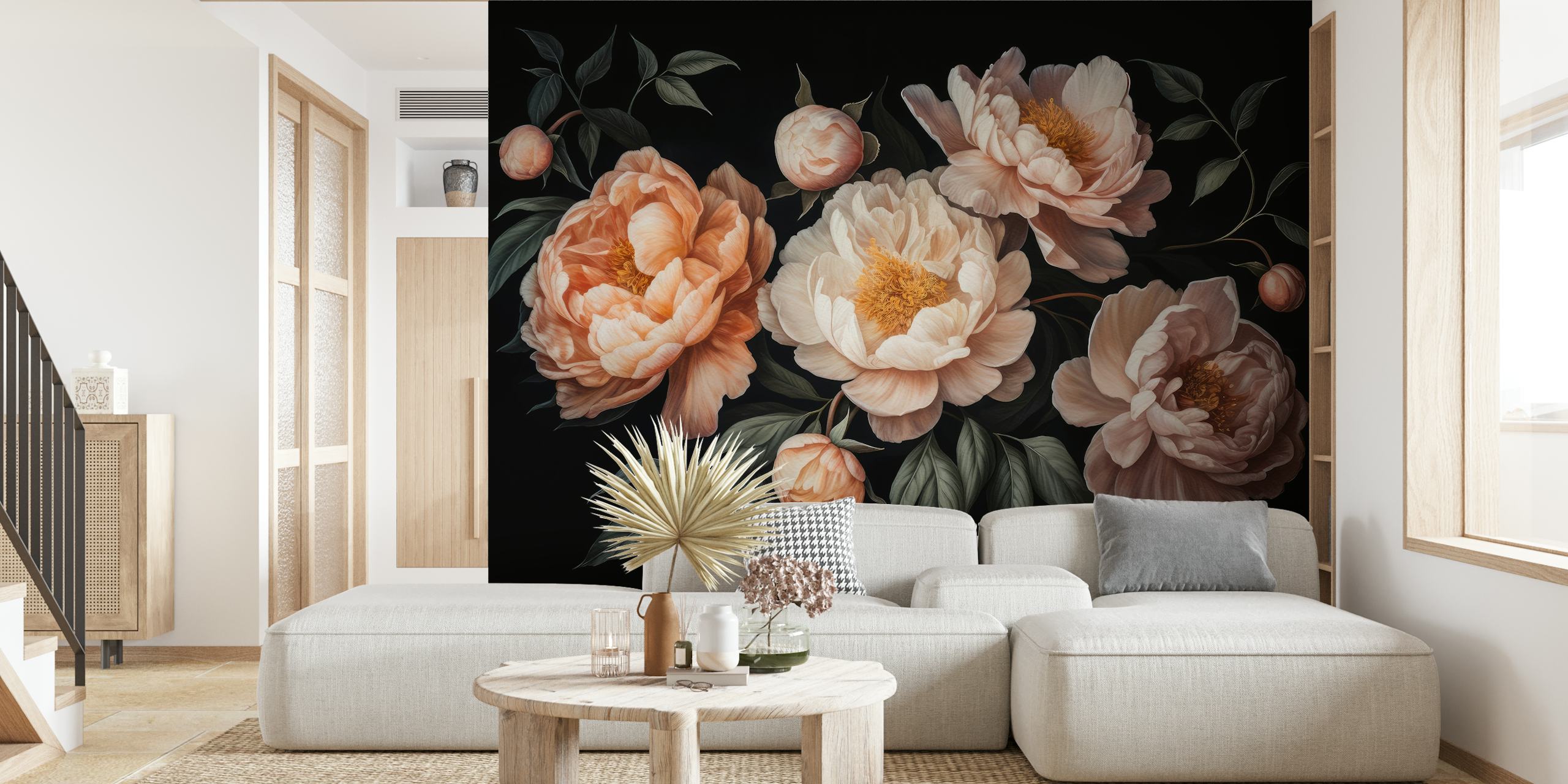 Elegant peach peonies on a dark background in a baroque night garden wall mural