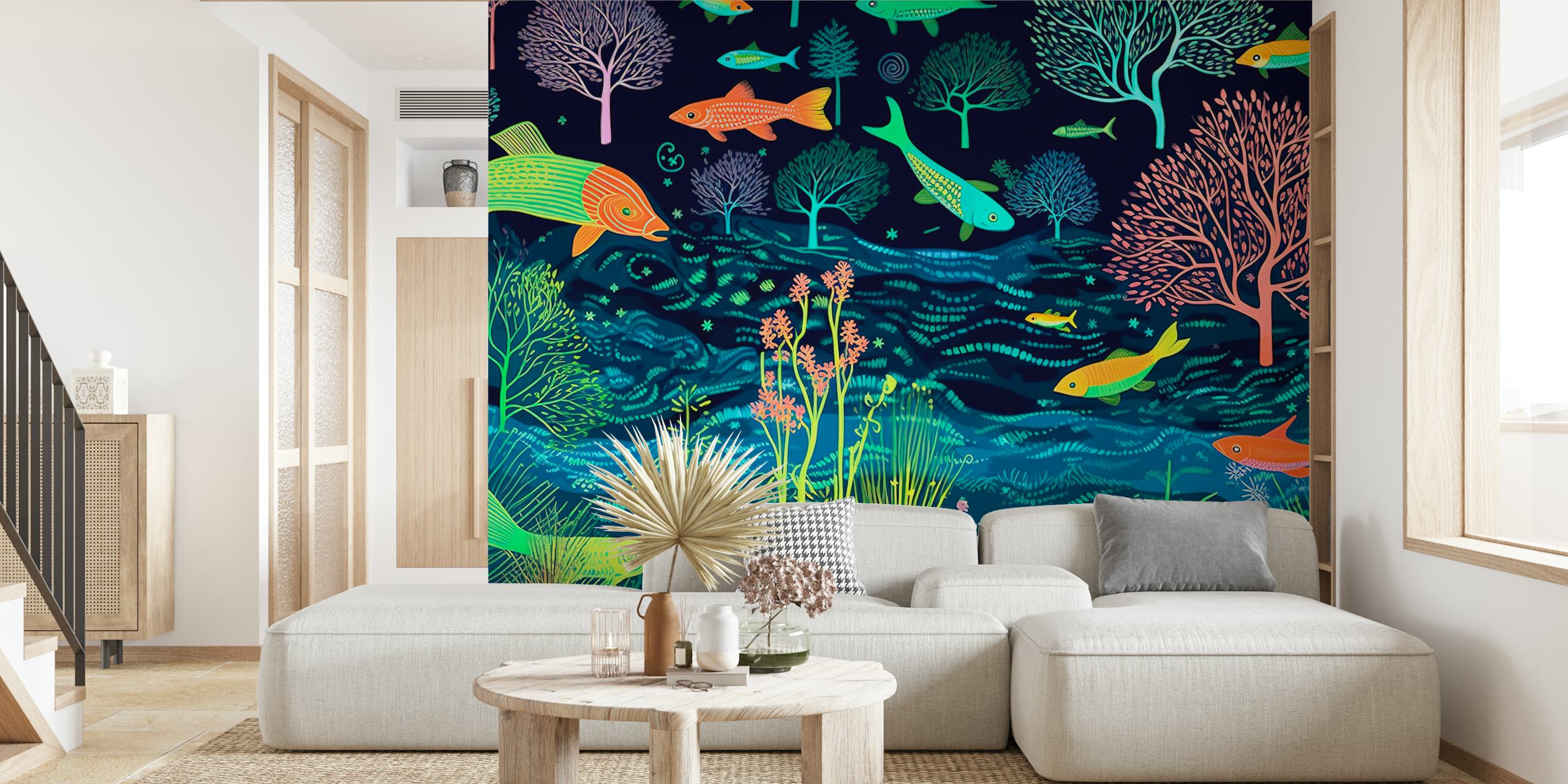 Colorful tropical fish and trees design wallpaper