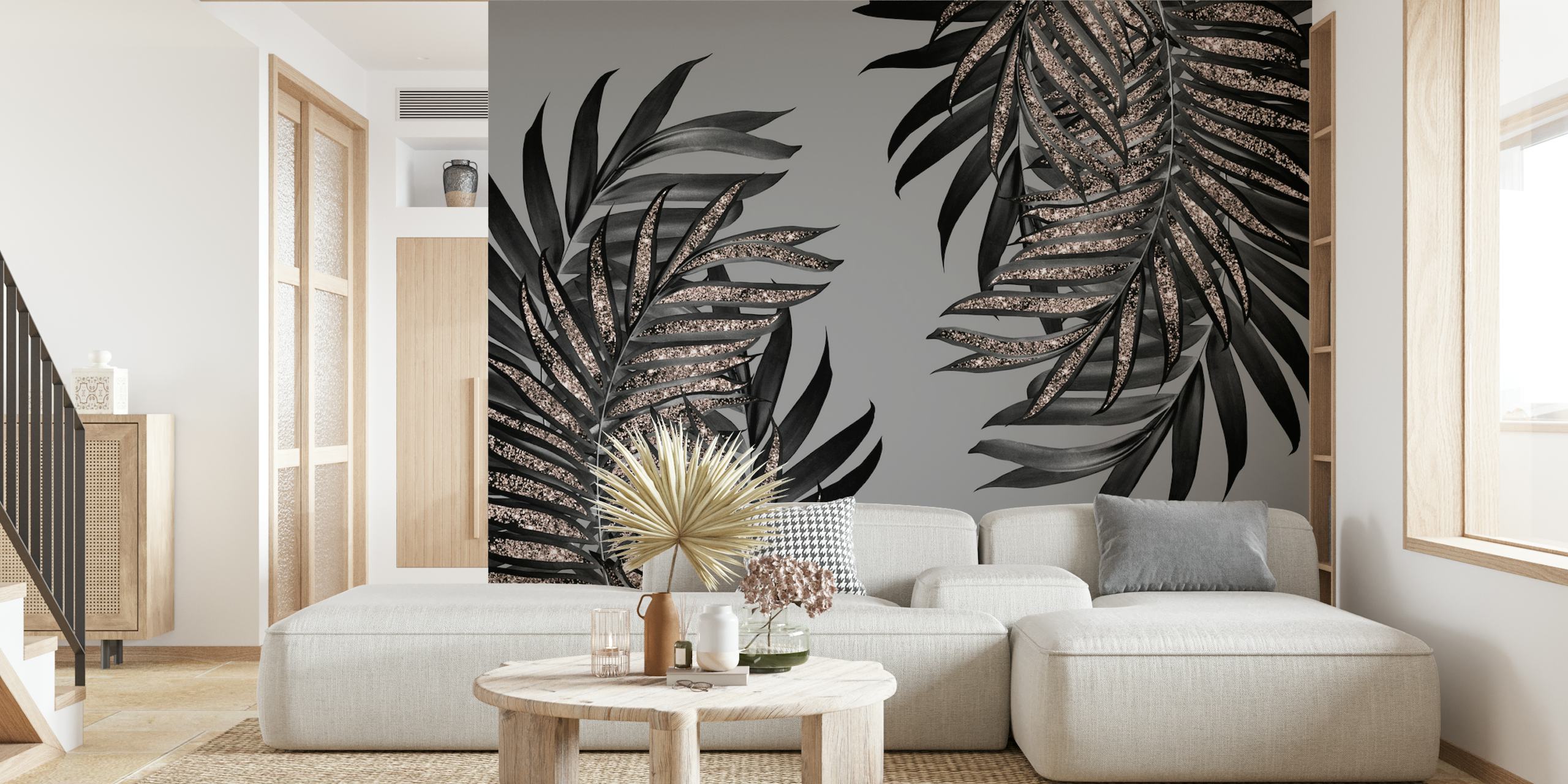 Palm leaves with glitter wallpaper in a room
