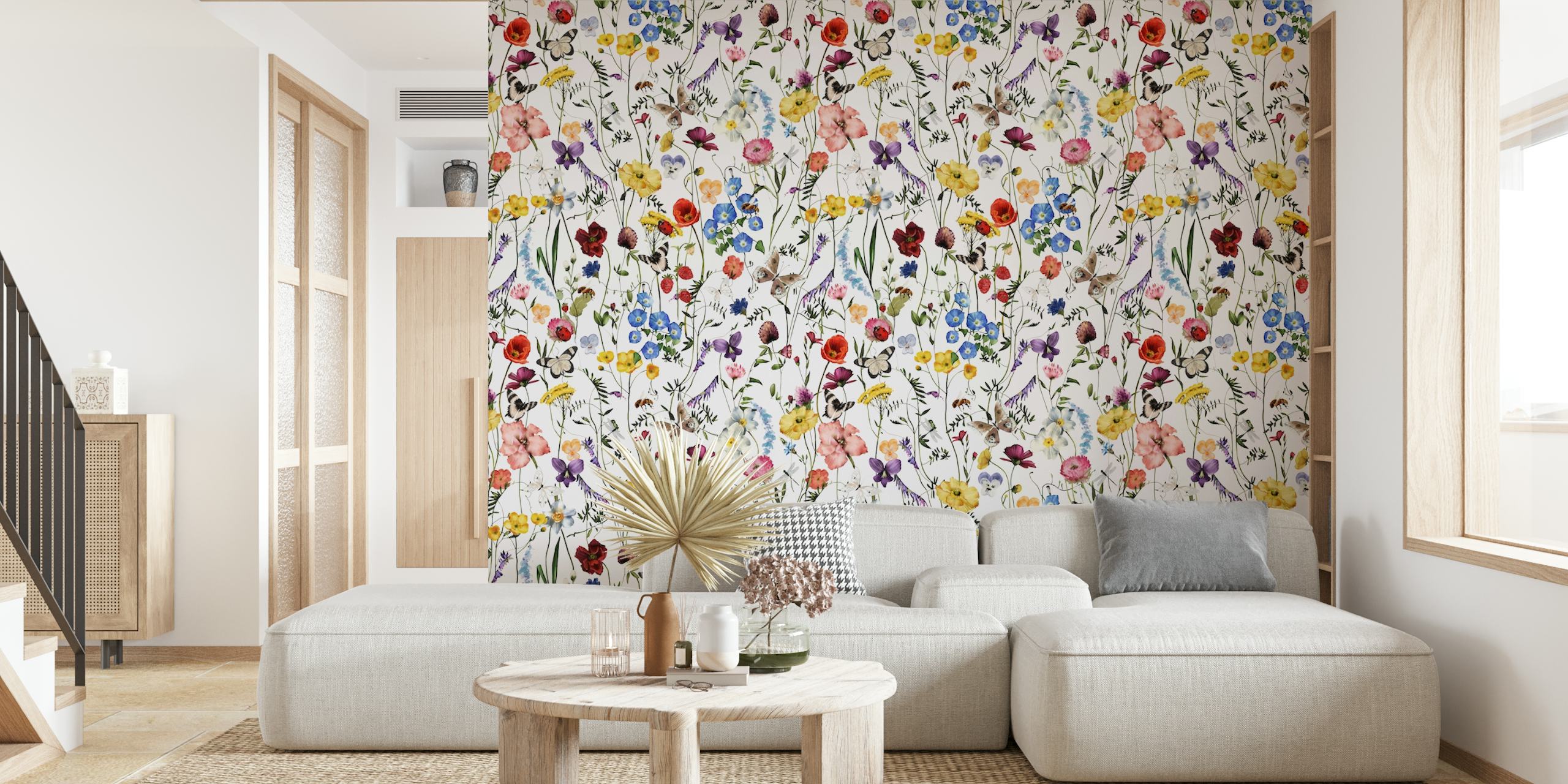 Colorful wildflowers pattern in various shades on white background wallpaper