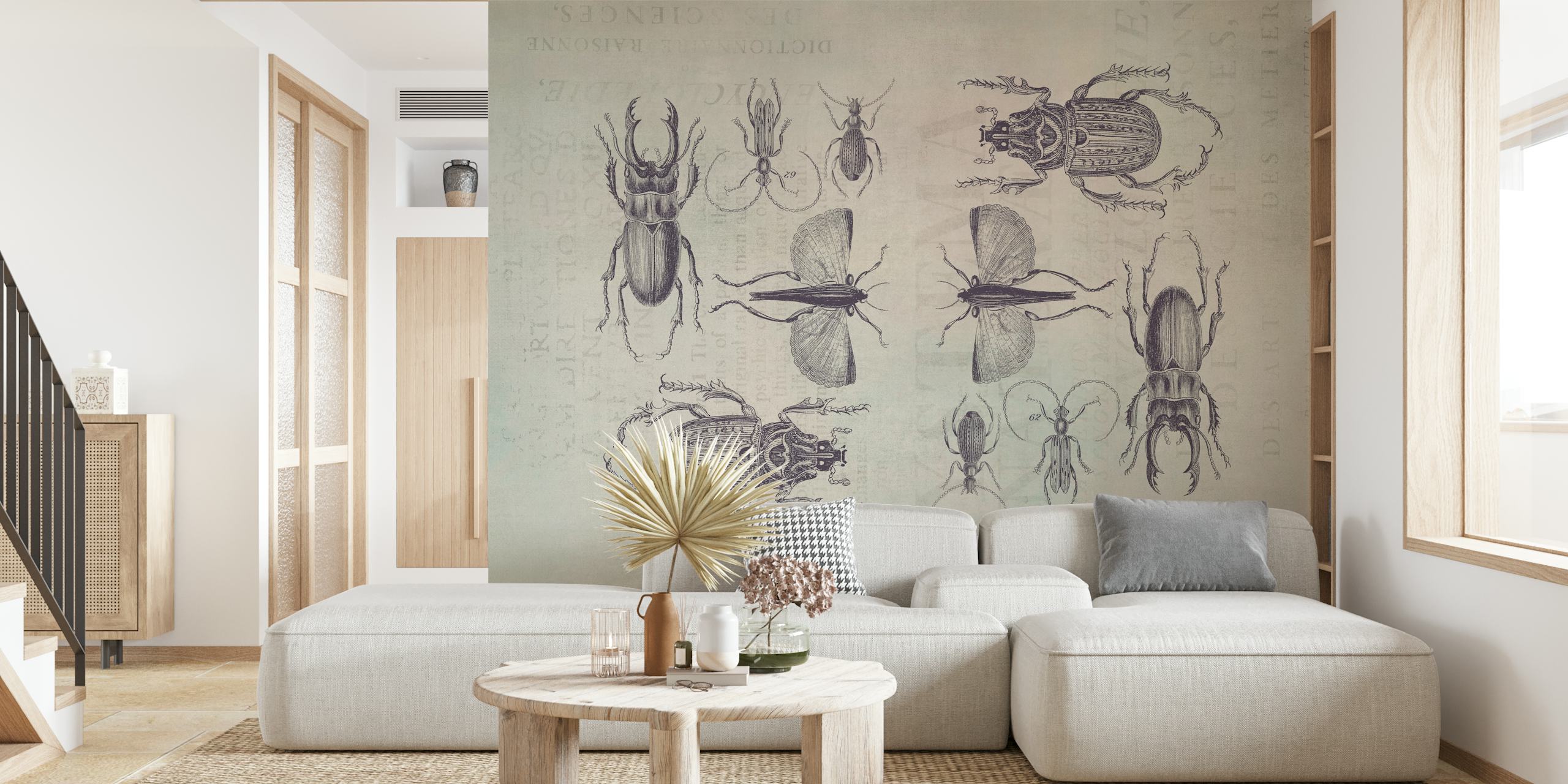 Carta da parati Bugs and Beetles con illustrazioni dettagliate di insetti su uno sfondo vintage