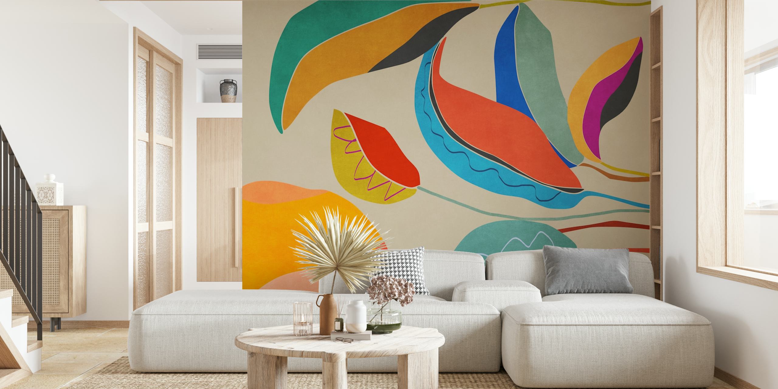 Colorful tropical leaf shapes in blue, red, green, and orange on beige wallpaper