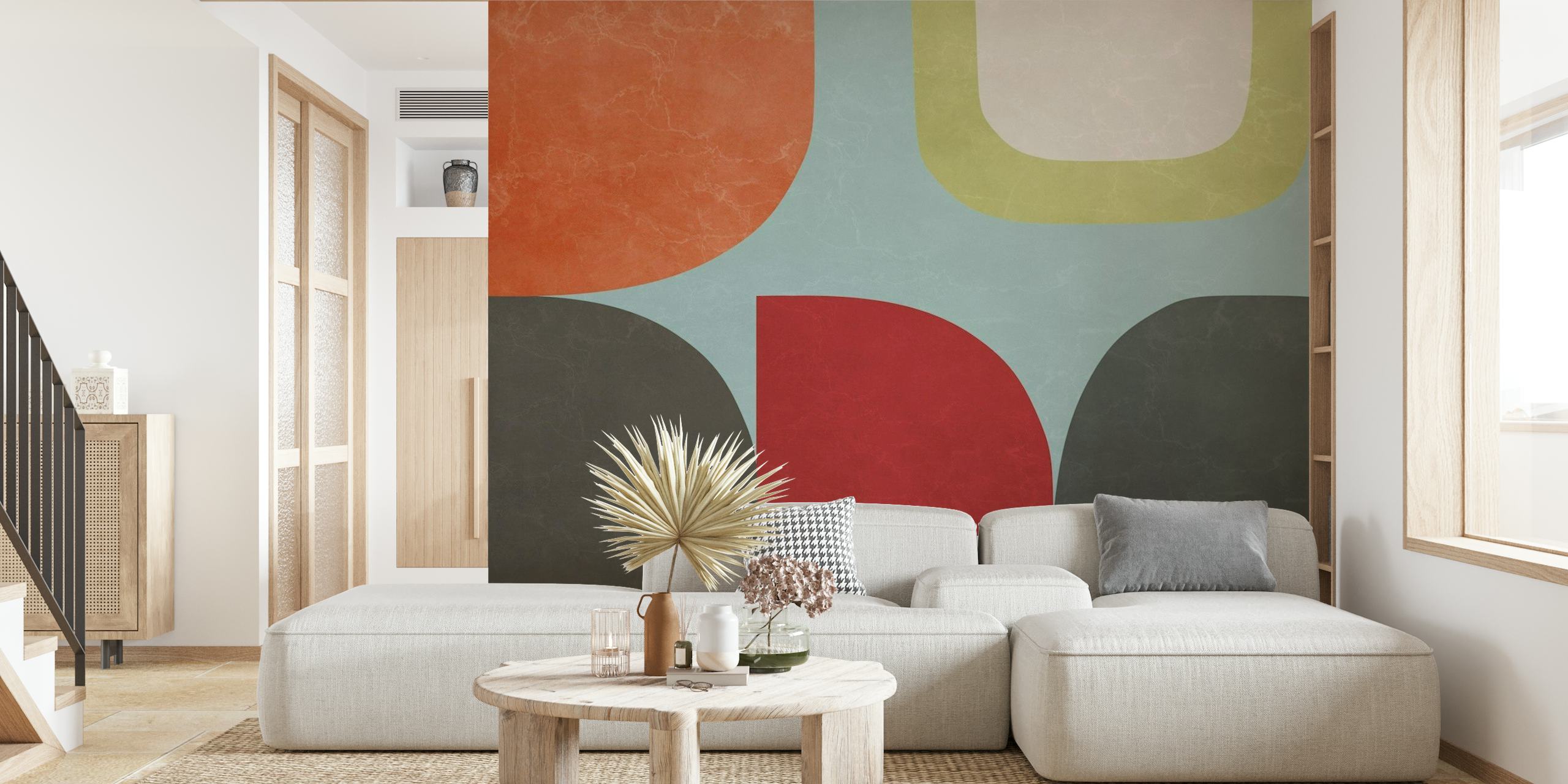 Minimalist Chic Abstract wall mural with geometric shapes in terracotta, blue, yellow, and gray