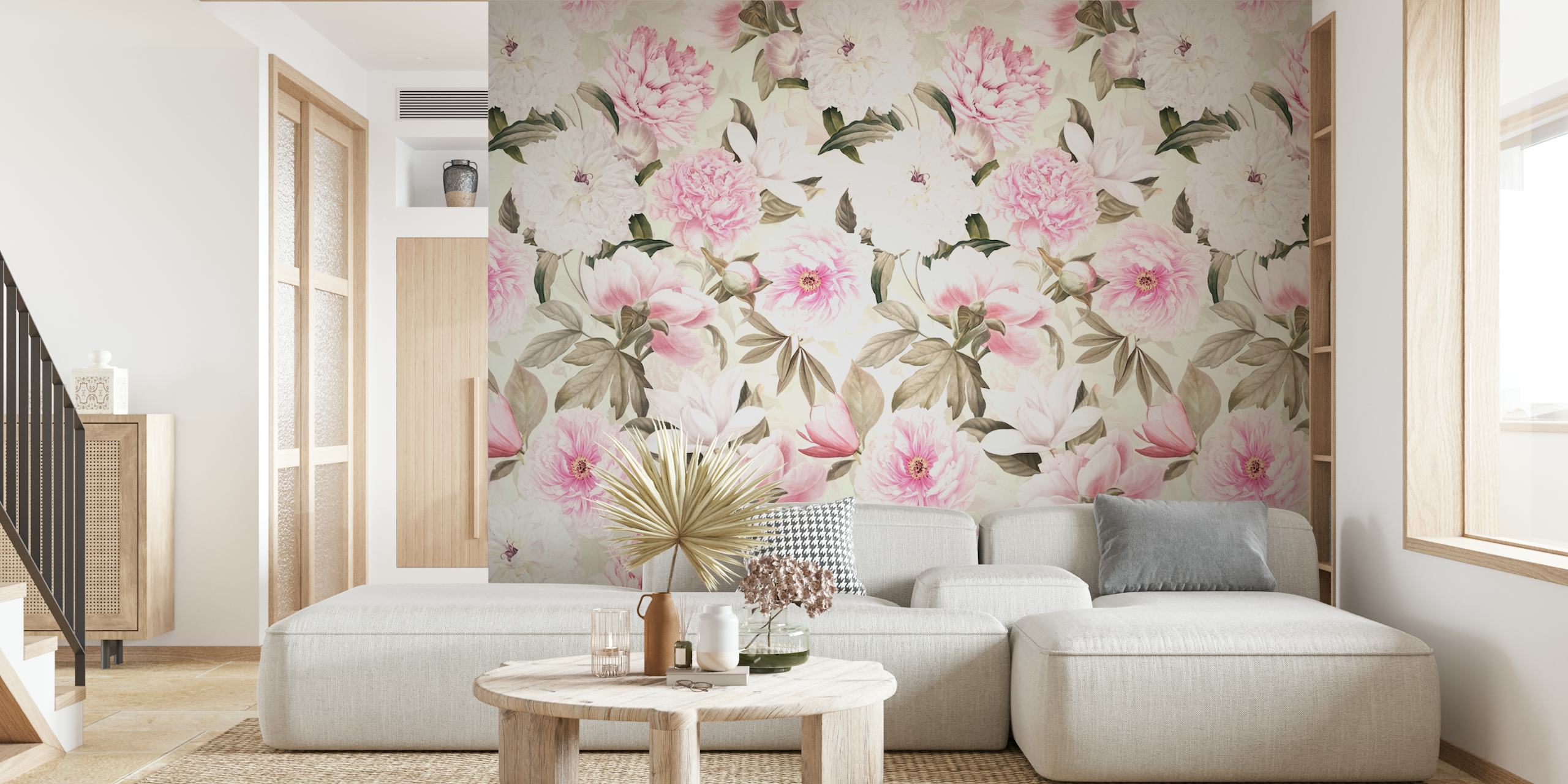 Peony Paradise Pink Blumen Tapete in einem Raum