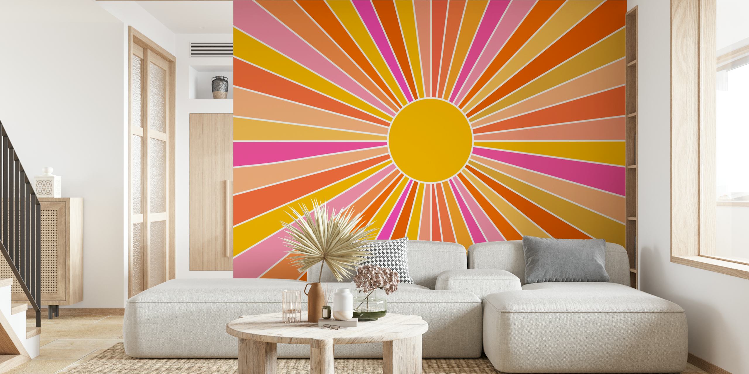Vintage sunburst pattern in orange, pink, and yellow wallpaper
