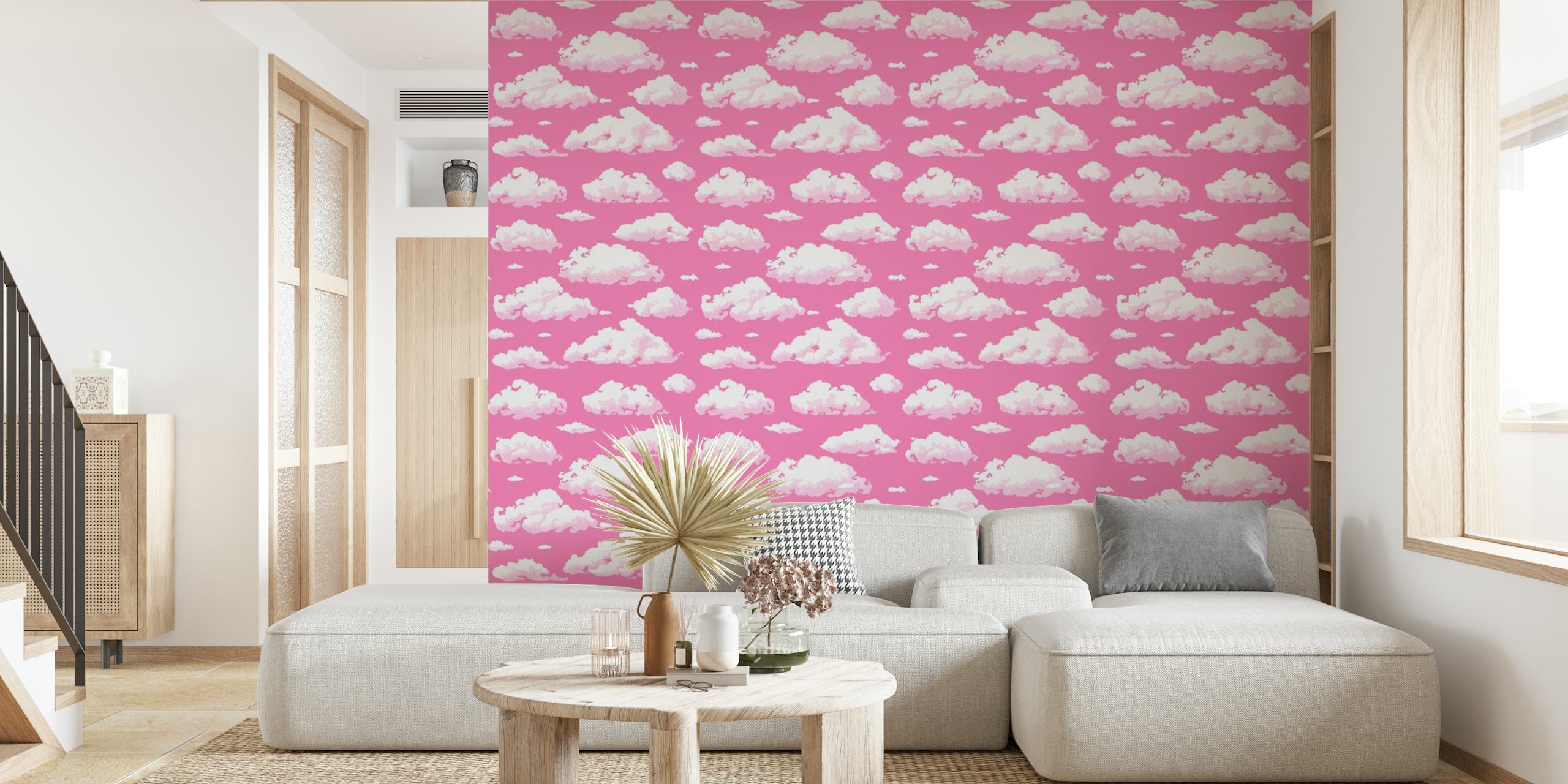 Cloudy sky on pink behang