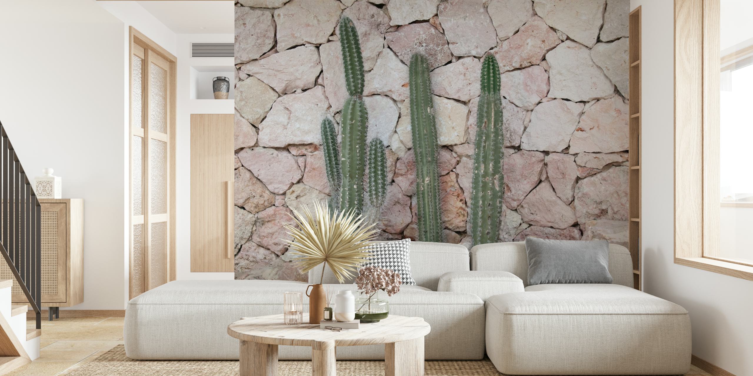 Geometric cactus pattern in green and earthy tones wallpaper